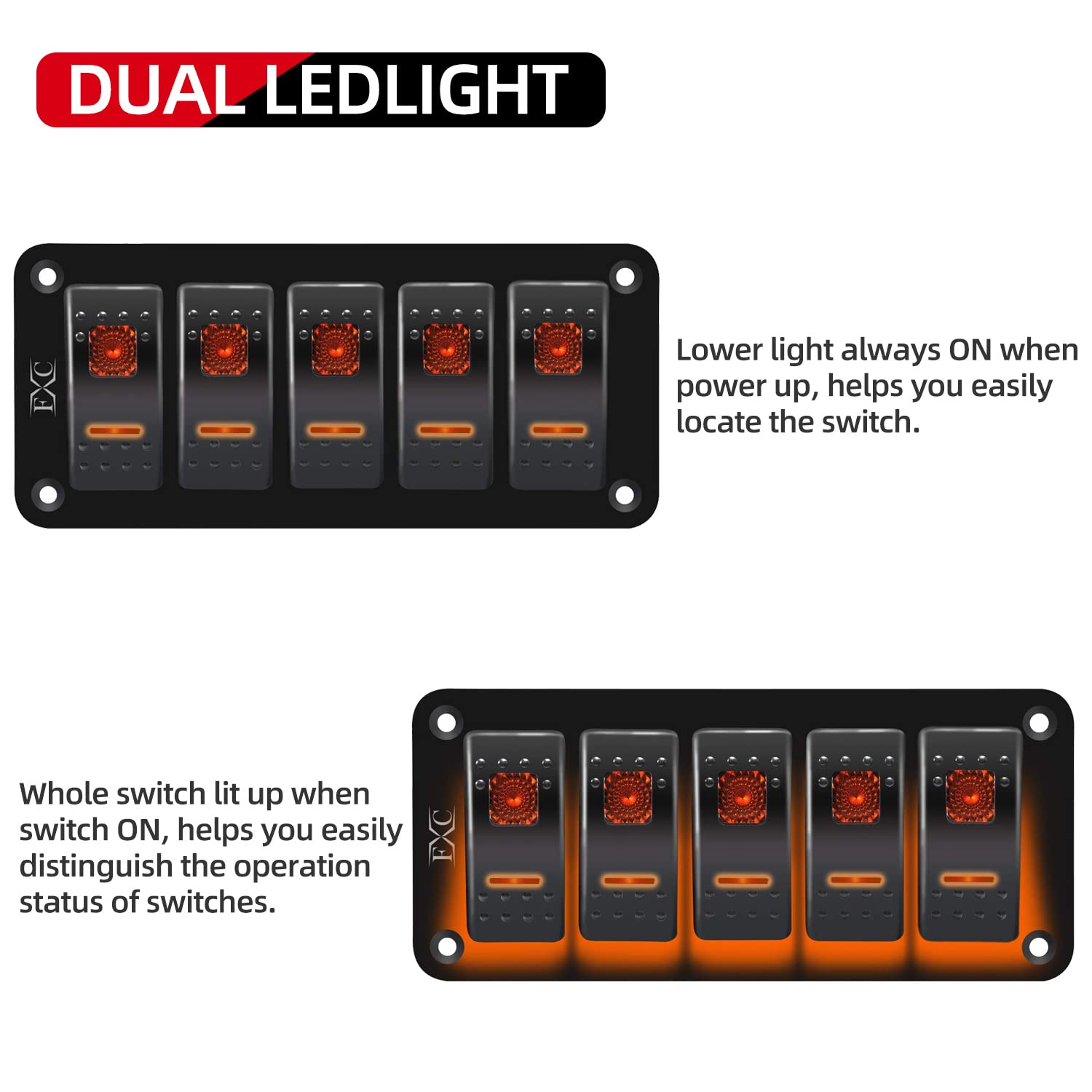 FXC Interruptor basculante de aluminio, 5 cuadrillas, 5 pines, encendidoapagado, 2 LED retroiluminados para barco, coche, color naranja marino
