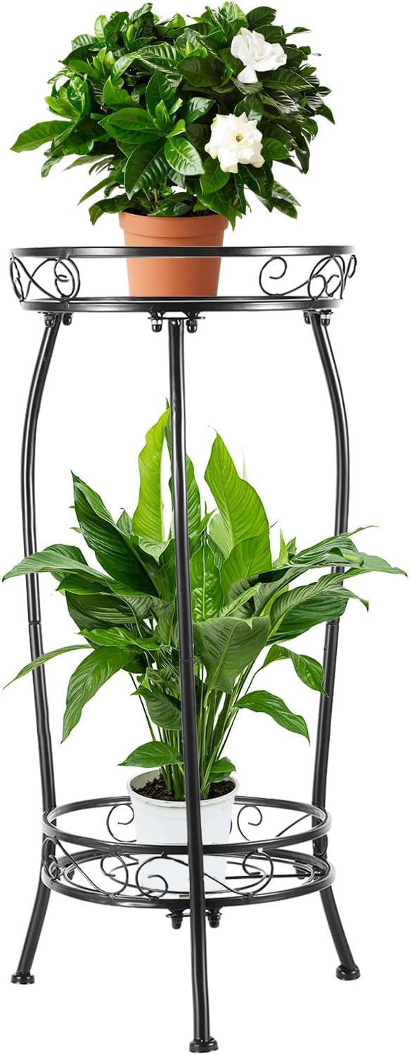 Soporte para plantas para interiores y exteriores, 2 niveles de 27 pulgadas de alto, soporte de metal para maceta, soporte resistente para plantas,