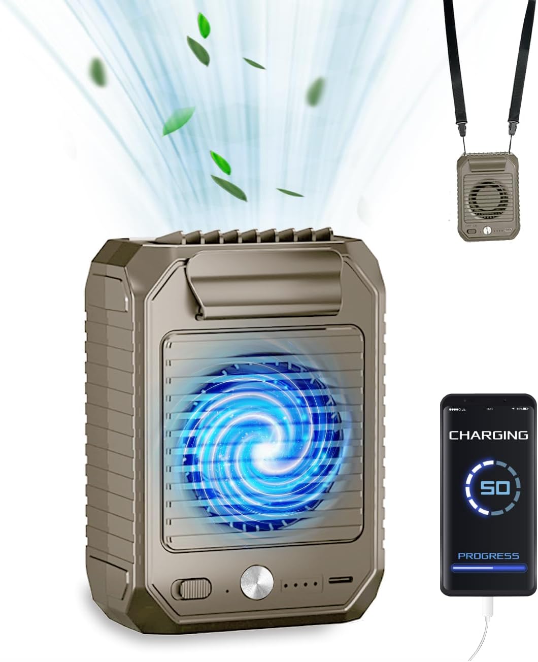 Ventilador portátil con clip de cintura, ventilador personal recargable de cuello de 10000 mAh, ventilador de batería de 6500 RPM, potente