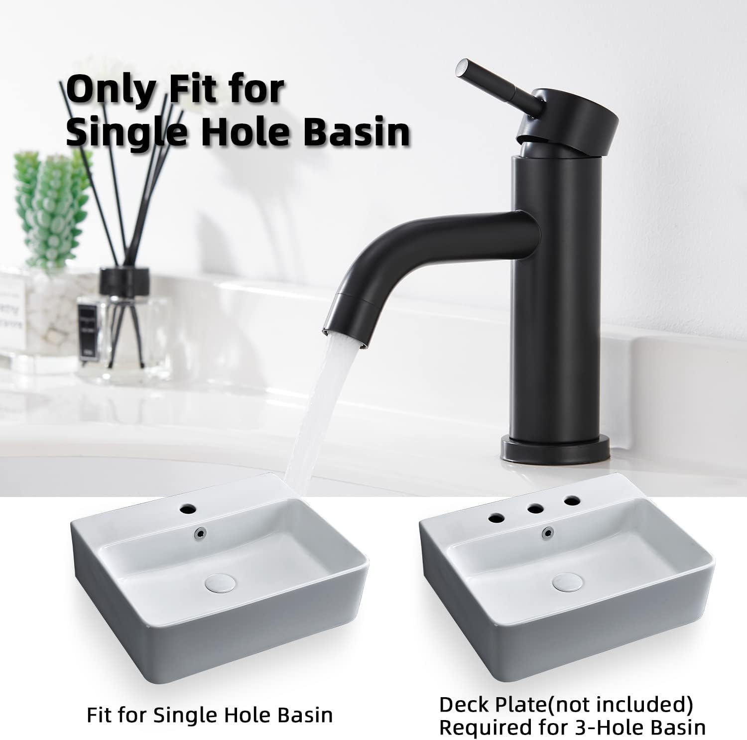 Grifo de lavabo de baño de una sola manija, un agujero, acero inoxidable, grifo de tocador para lavabo, estándar USCA 1.2 GPM, tubo redondo, negro