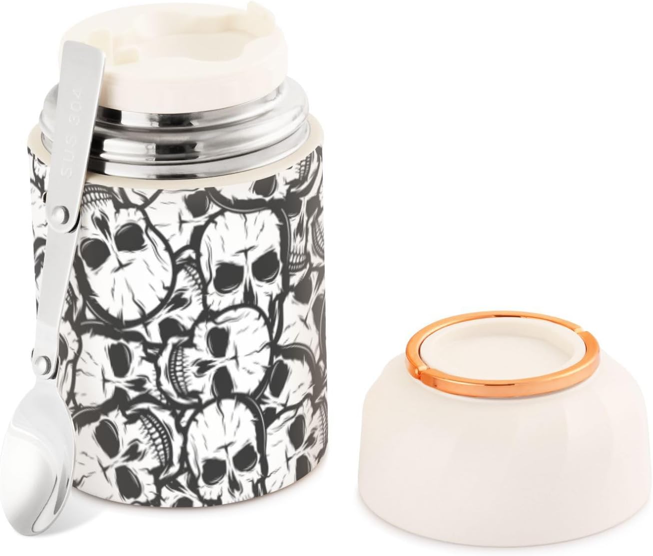 Skulls Black White Kids Womens Food Insulated Jar with Spoon 17oz500ml Food Storage Containers Stainless Steel Vacuum Keep Warm Lunch Container for