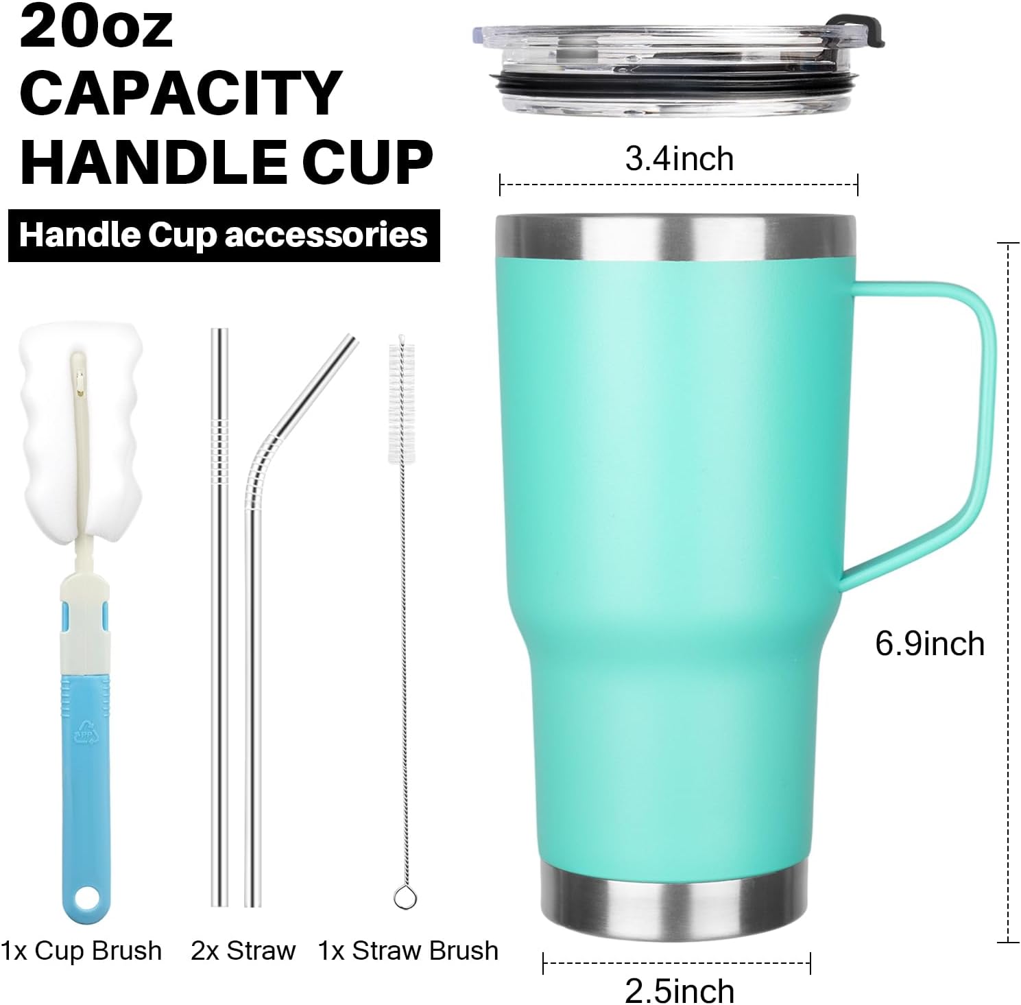 GUDEMAO Vaso de 20 onzas con asa, vasos aislados de acero inoxidable con tapa y popote, vaso aislado al vacío de doble pared, a prueba de fugas,