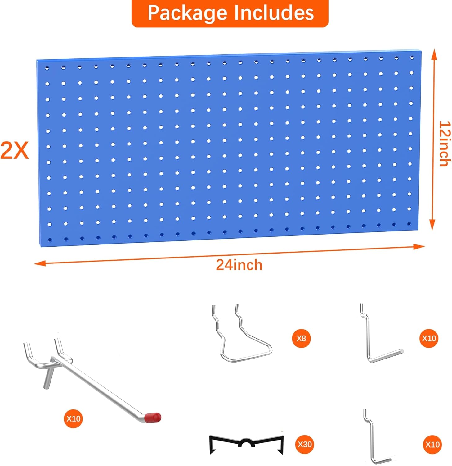TORACK Organizador de pared de tablero de clavijas de metal de 24 x 24 pulgadas o 12 x 48 pulgadas, sistema de tablero de clavijas de 70 piezas para