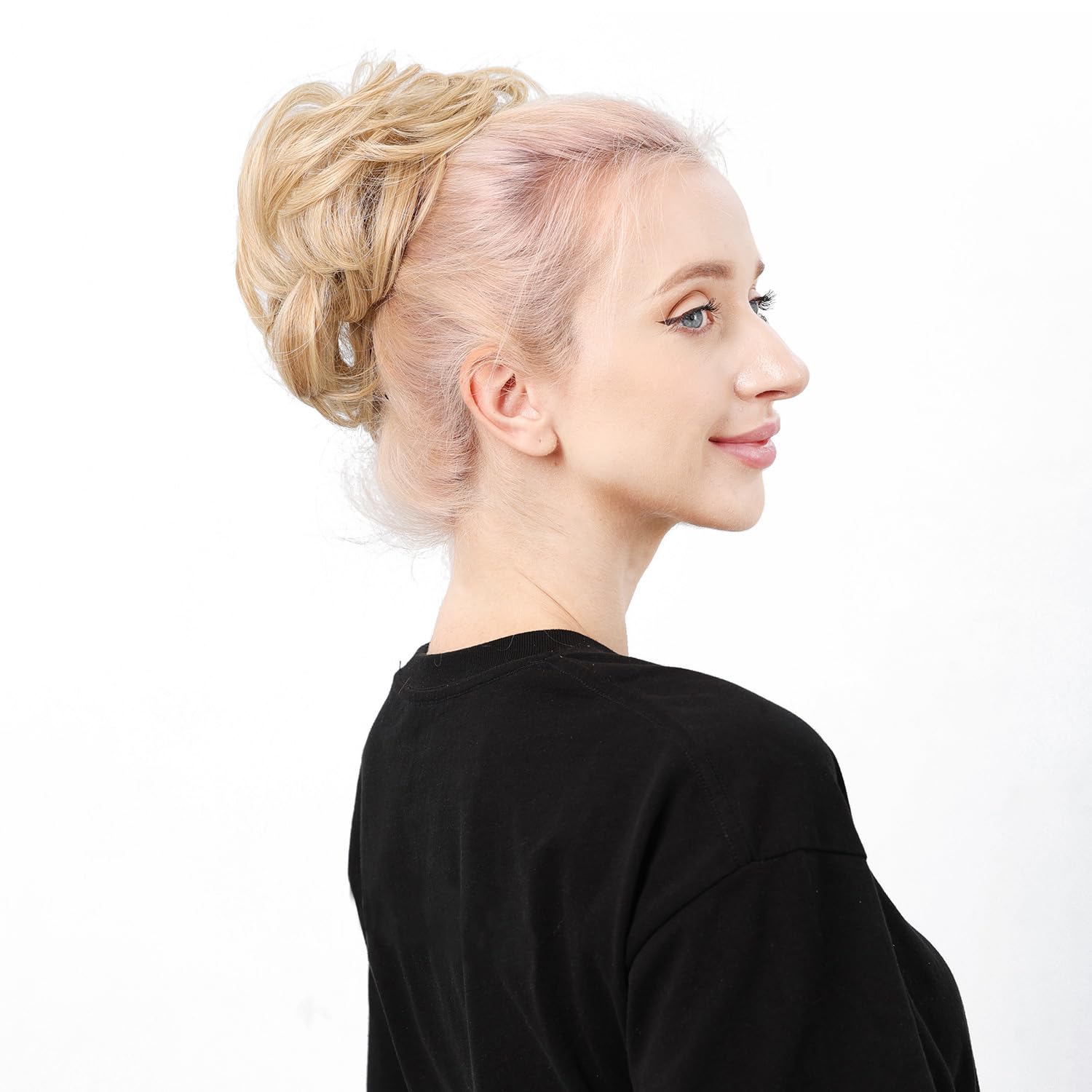 Moño desordenado, moño sintético ondulado para coleta, extensiones de cabello rizado (rubio claro)