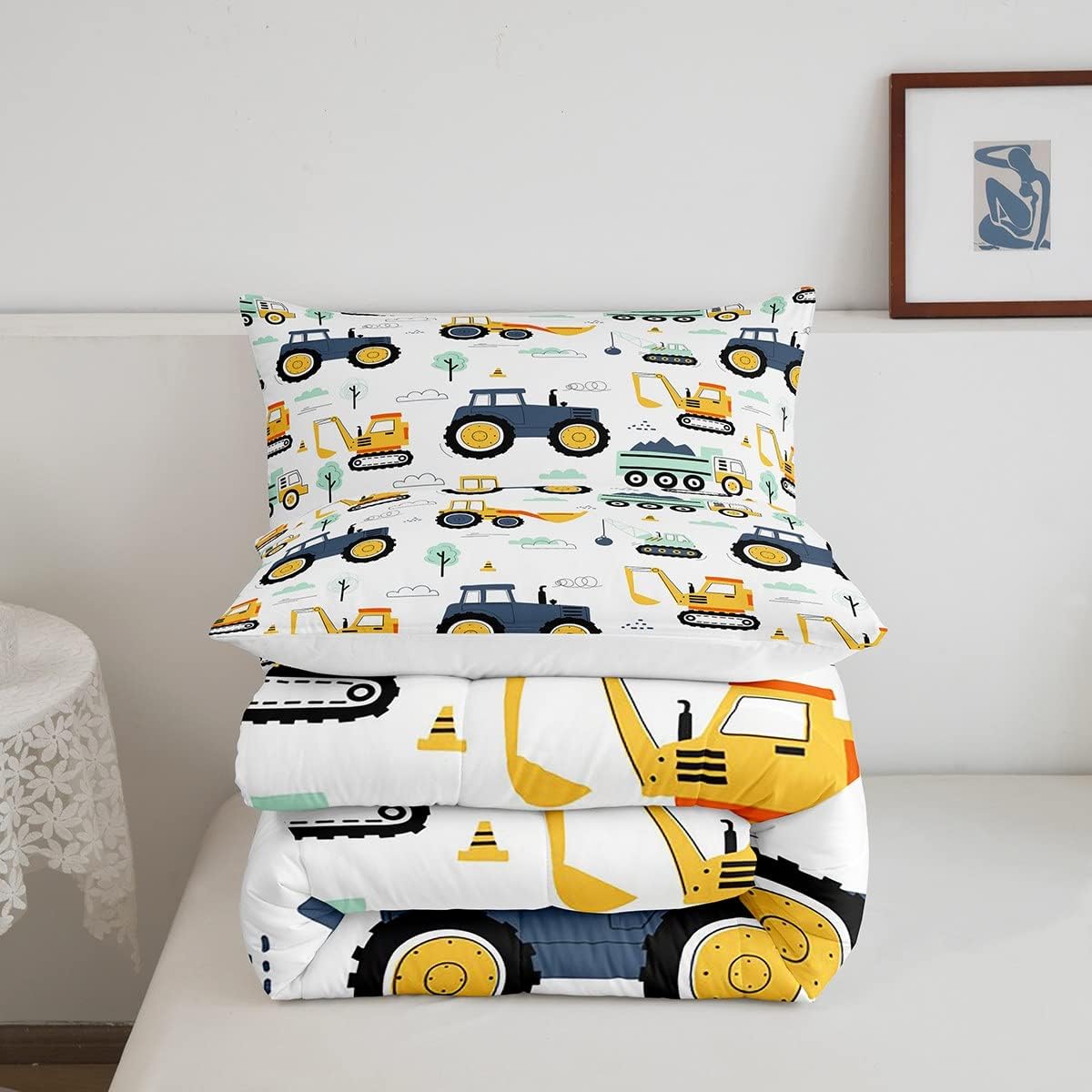 Juego de edredón de tractor tamaño Queen, juego de ropa de cama de camión de dibujos animados para niños, niñas y adolescentes, edredón de plumón de