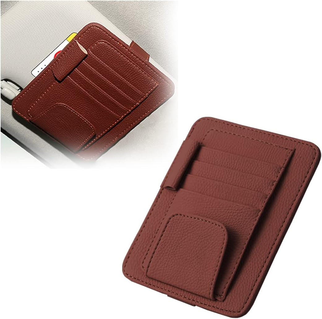 Blilo Organizador de cuero para visera de automóvil con soporte para lentes de sol, clip multifuncional para tarjetas de crédito y billetes y