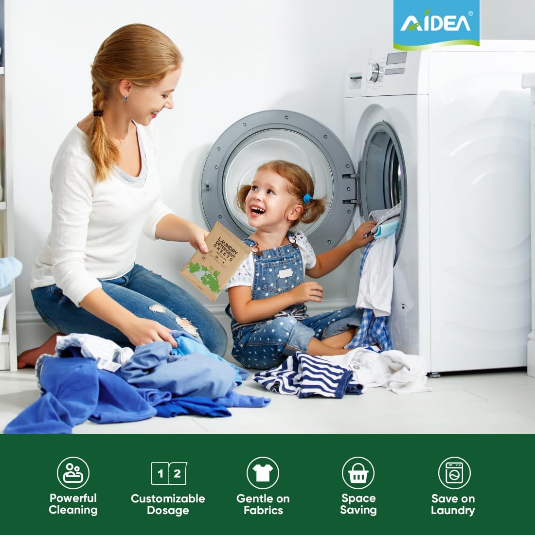 AIDEA Hojas de detergente para ropa, aroma fresco (100 cargas), 50 hojas, detergente ecológico e ingredientes naturales, sin jarra de plástico,