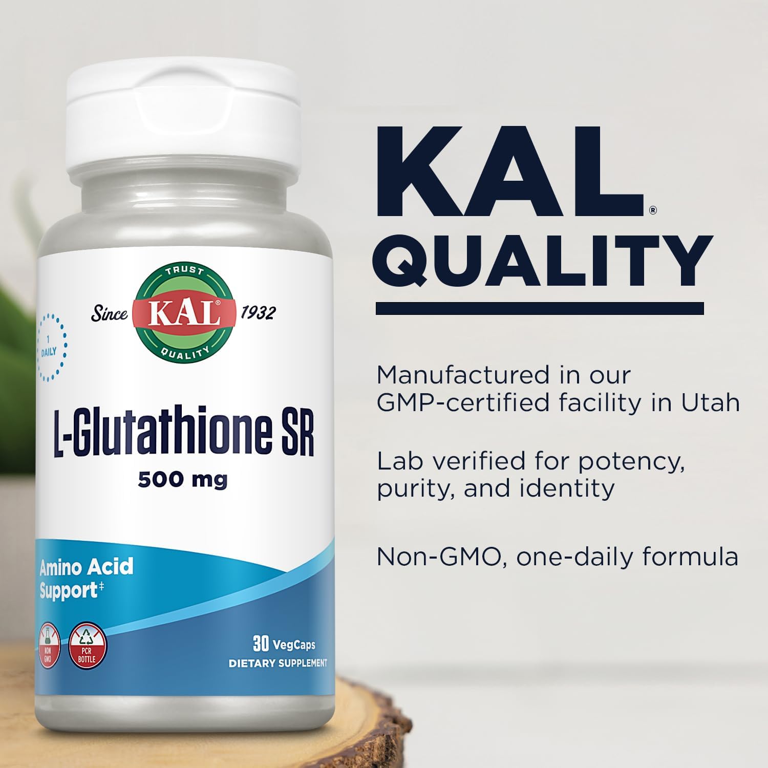 KAL L-glutatión SR, suplemento de glutatión reducido, suplemento antioxidante de alta absorción, verificado en laboratorio, 30 porciones, 30