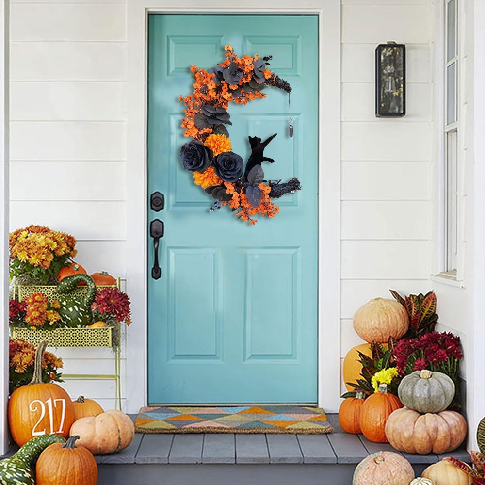 Corona de puerta de Halloween con luz, corona de gato de luna creciente con rosa, coronas de Halloween negras para decoración de pared de ventana de