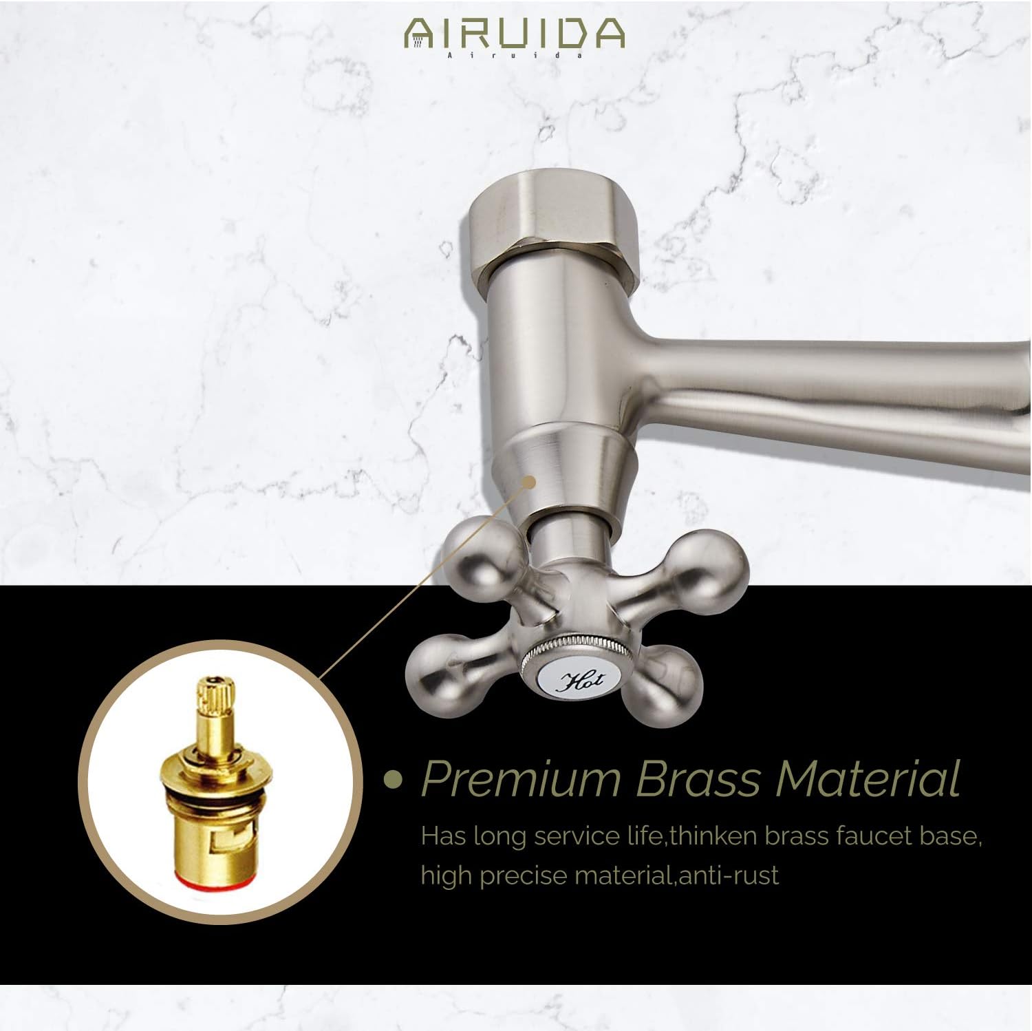 Airuida Grifo de fregadero de cocina de montaje en pared para pico de 6 pulgadas (5.9 in), centro ajustable, centro ajustable, asas cruzadas, agua