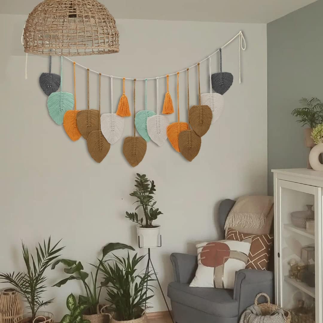 LOSOUR Macrame Wall Hanging,Boho Wall Decor Feather Woven Leaves Tassels Decoration,Handmade Scandinavian Decor, Wall Art for Bedroom, Headboard,