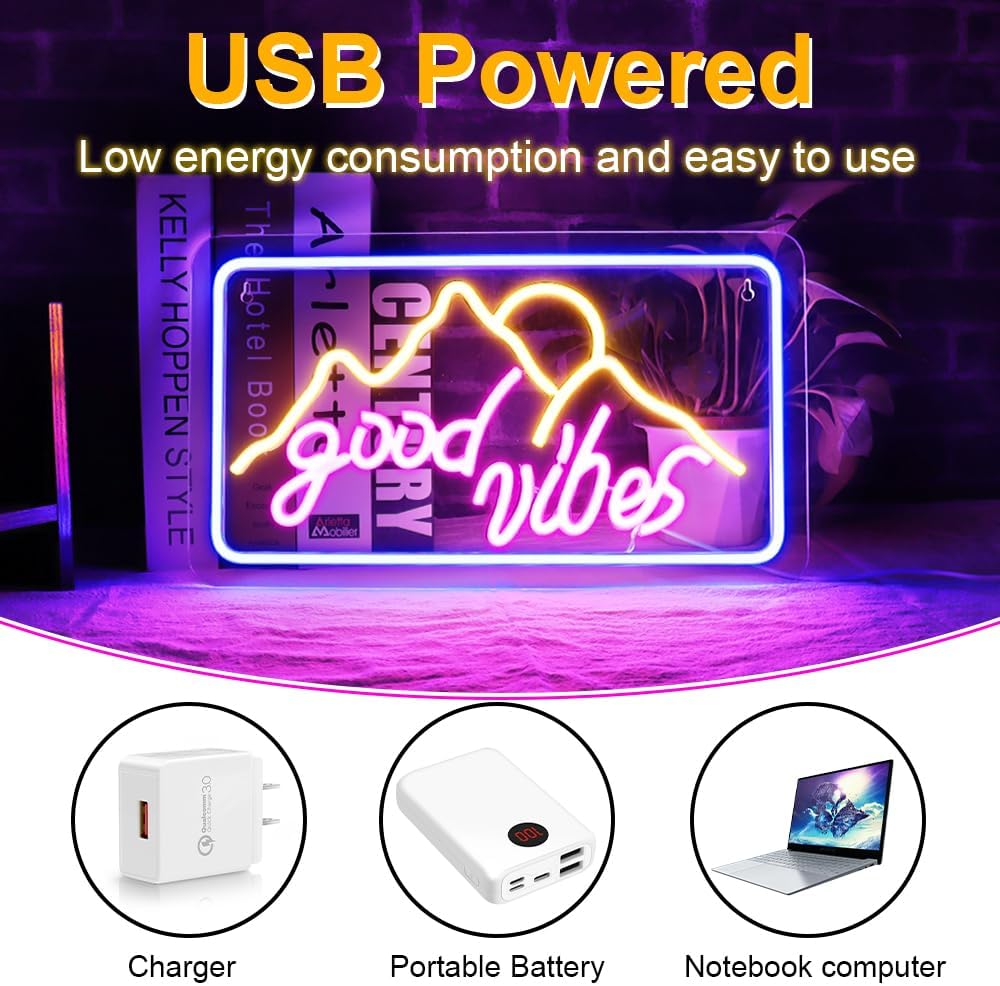Good Vibes – Letrero de neón para decoración de pared, luz de neón con salida del sol y puesta de sol de montaña para decoración de pared, letrero