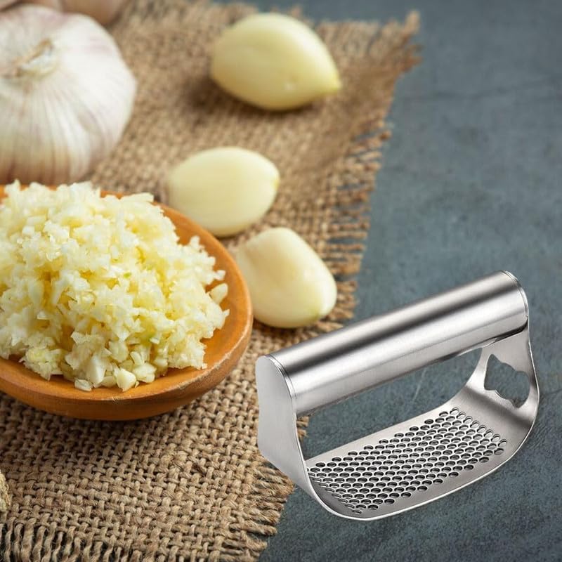 2024 New Stainless Steel Garlic Presser, Garlic Press Rocker Garlic Mincer Garlic Crusher with Peeler and Cleaning Brush, Garlic Chopper for Smash
