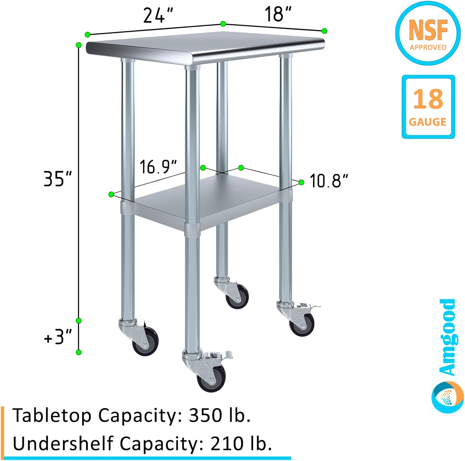 AmGood Mesa de acero inoxidable de 24 pulgadas de largo x 18 pulgadas de profundidad con ruedas
