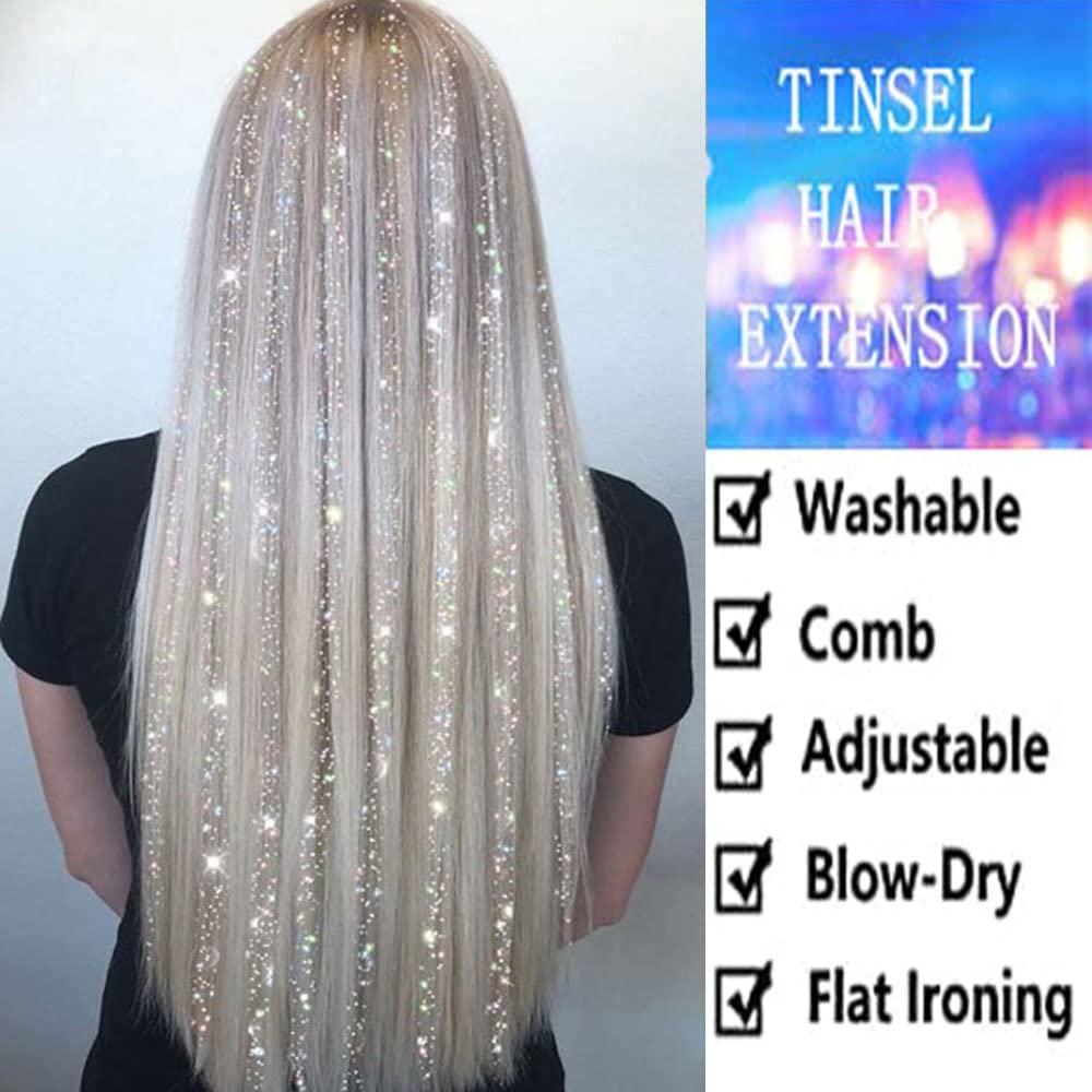 Pelo de oropel azul cielo de 24 pulgadas, resistente al calor, con clips, extensiones de oropel con purpurina, para Navidad, Año Nuevo, muy lindo