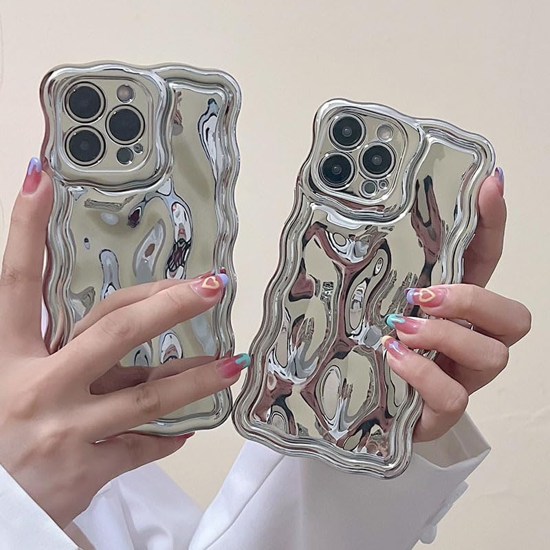 Funda compatible con iPhone 11, con marco ondulado de agua con burbujas, para mujeres y niñas, con purpurina plateada, no amarillenta, de silicona