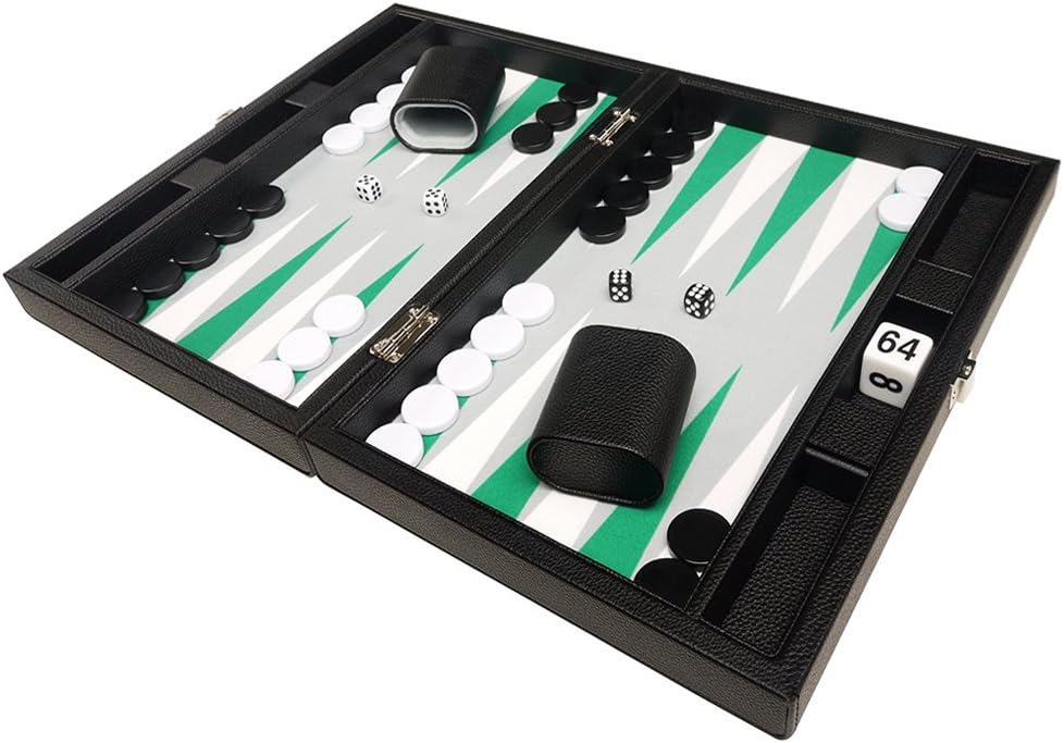 Silverman & Co. Juego de Backgammon Premium de 13 pulgadas, tamaño de viaje, tablero negro, puntos blancos y verdes