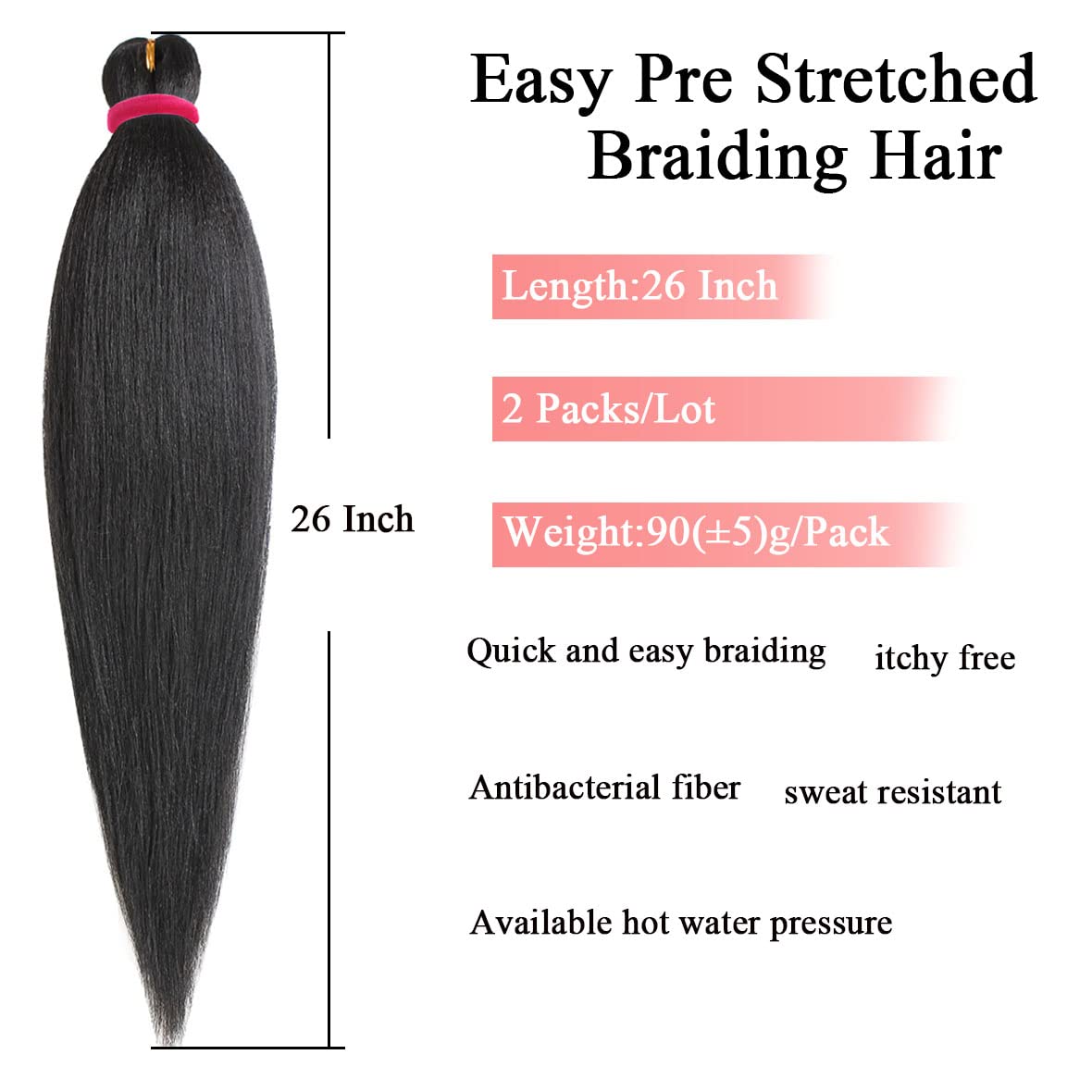 Leeven 2 paquetes de cabello negro para trenzar de 26 pulgadas, preestirado, fácil para trenzar el cabello, textura Yaki, cabello trenzado