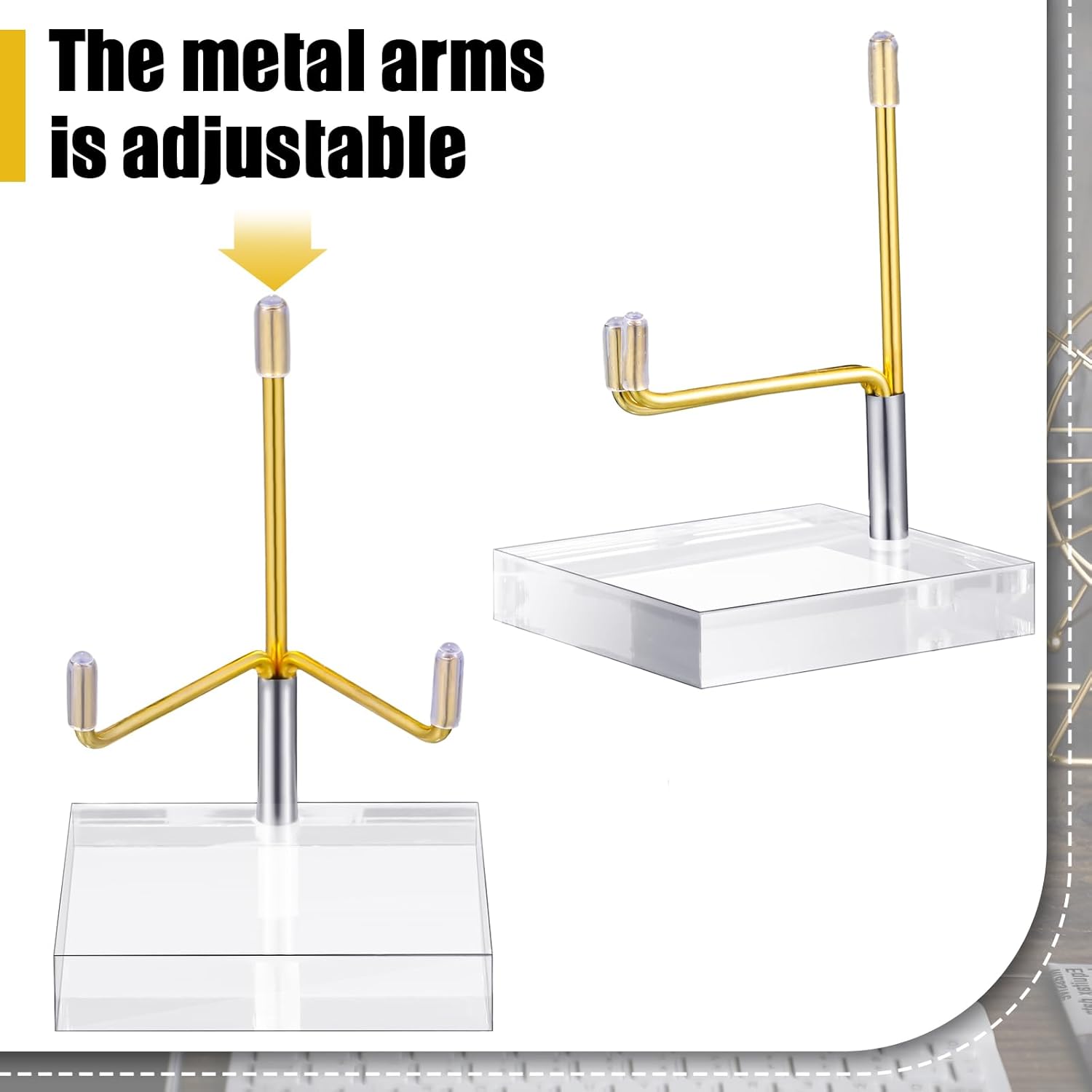 Kigley Caballete de exhibición de brazo de metal ajustable con base acrílica transparente para piedras preciosas y placas de ágata mineral (2.8 x