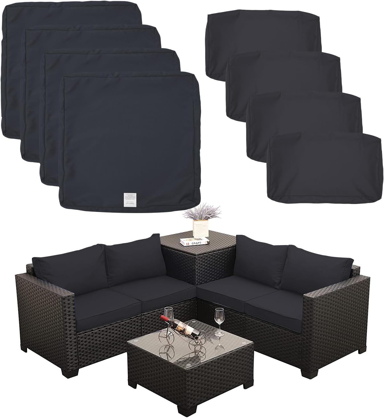 ClawsCover Juego de 8 fundas de repuesto para asientos y respaldos para exteriores, 4 piezas, mimbre de 4 plazas, muebles de patio, sofá modular con
