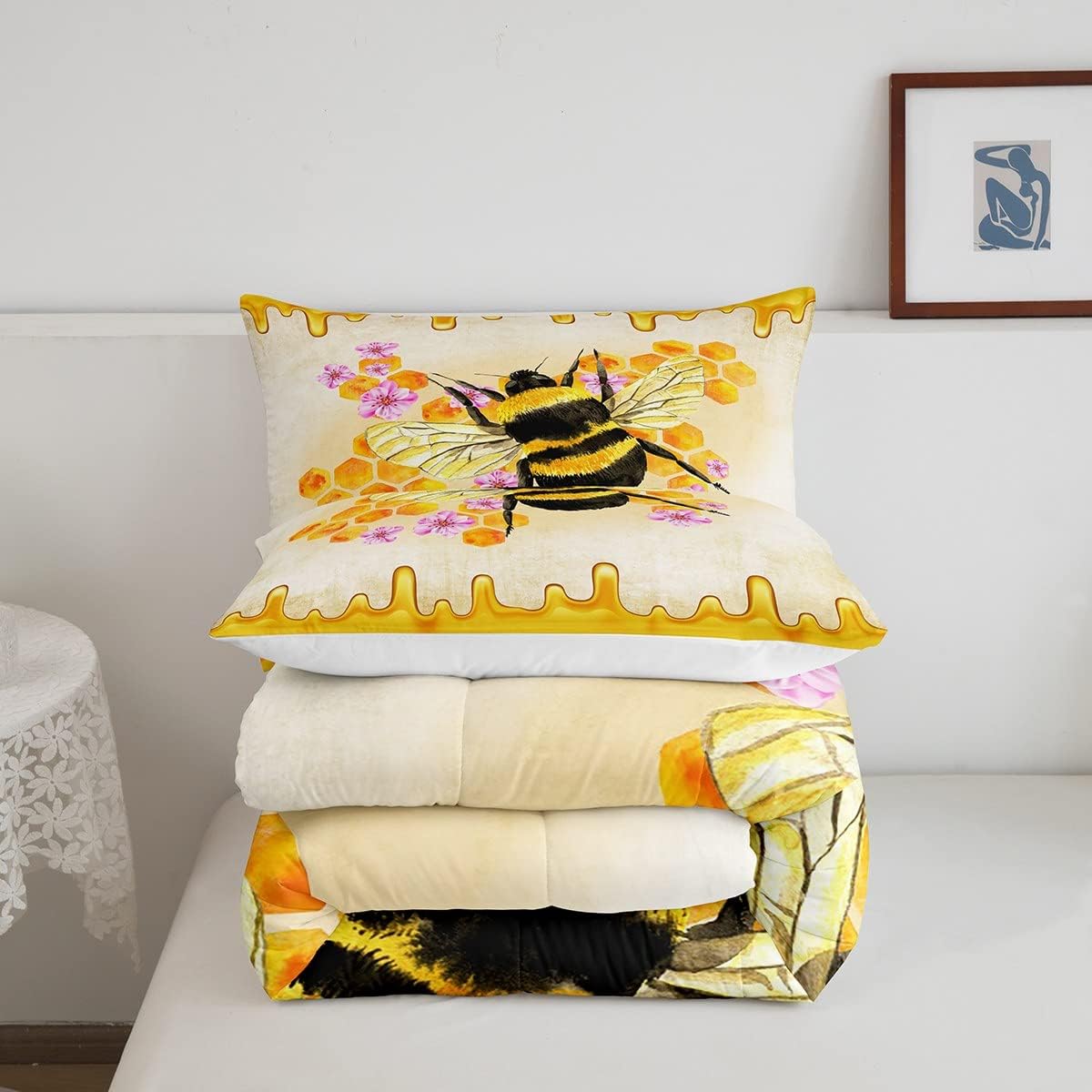 Lindo edredón de abeja con flores, juego de edredón de abeja de nido de abeja, juego de ropa de cama para niños y niñas, diseño geométrico de panal