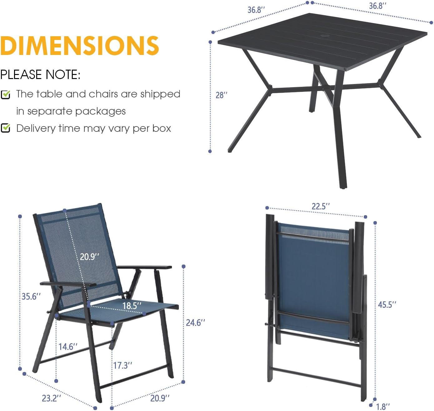 VICLLAX Juego de 5 sillas y mesa de comedor de patio, 4 sillas plegables reclinables para exteriores con reposabrazos y 1 mesa de comedor cuadrada