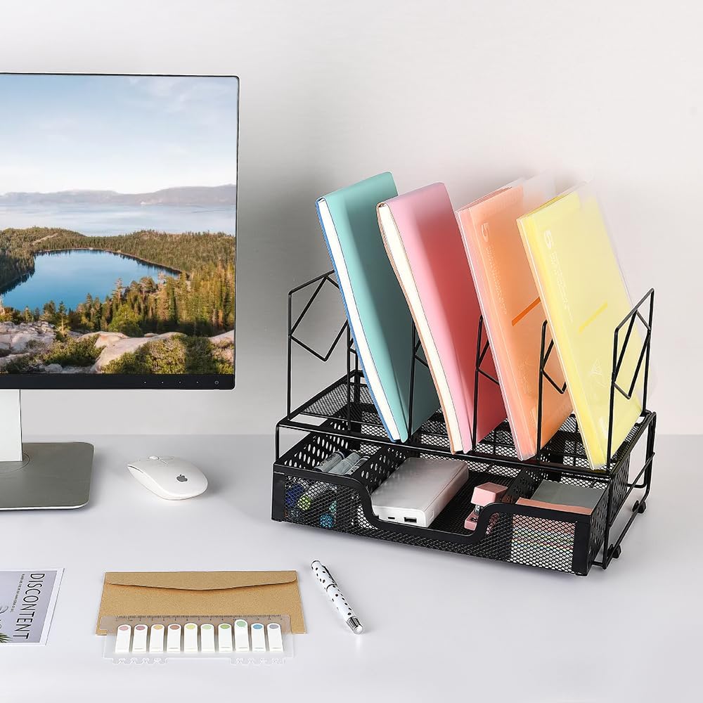 Spacrea Organizadores de escritorio y accesorios, organizador de archivos con 5 secciones verticales + cajón deslizante, organización y