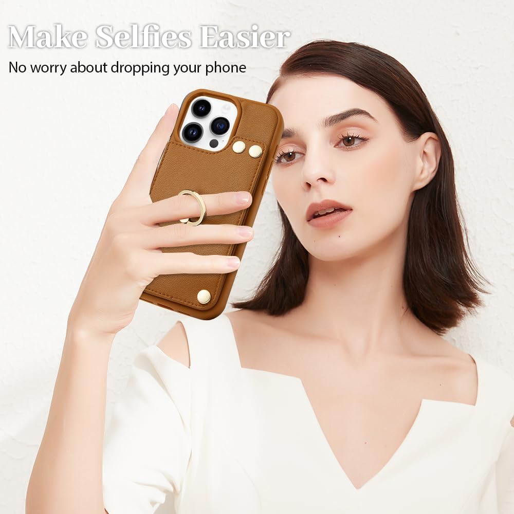 LAMEEKU Funda tipo cartera para iPhone 15 Pro con soporte para tarjetas, funda de piel sintética con ranuras para tarjetas, soporte de anillo de
