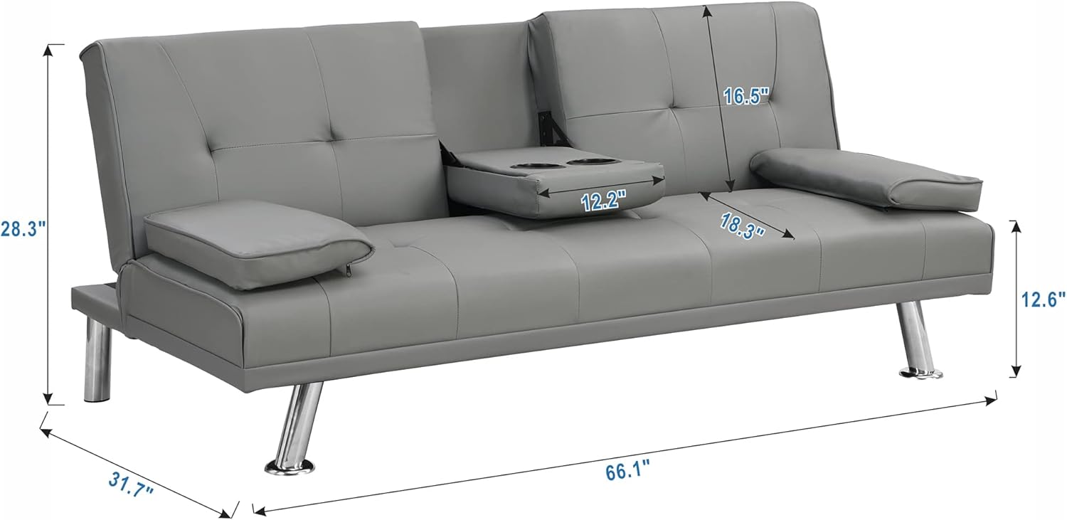 Futón, sala de estar de cuero moderna, sofá biplaza plegable convertible, sofá cama extraíble con 2 portavasos con reposabrazos en el medio, gris