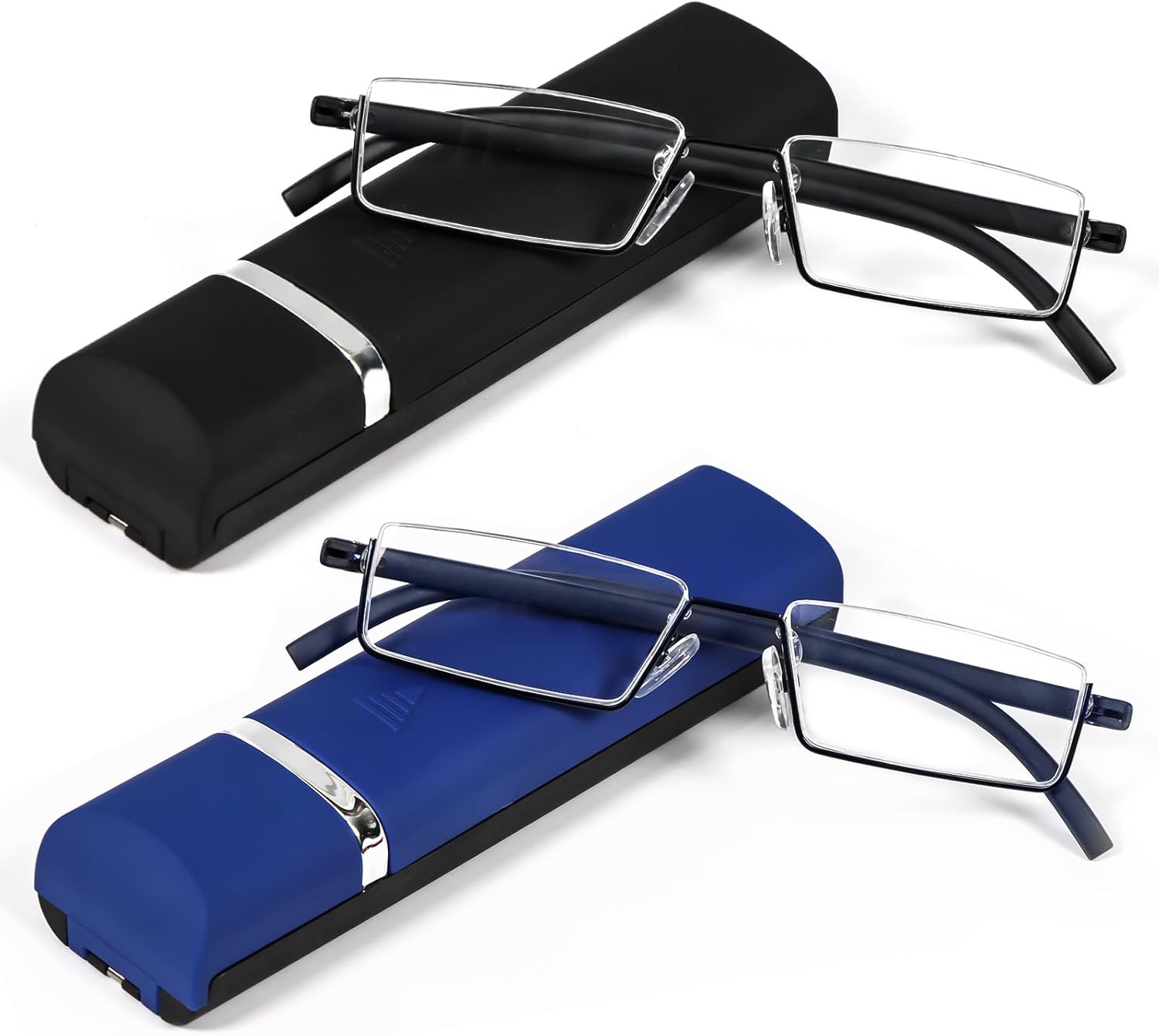 REAVEE Paquete de 2 lentes de lectura de medio marco para hombres y mujeres, media lente de metal, ligeros, portátiles con funda, negro y azul +1.25