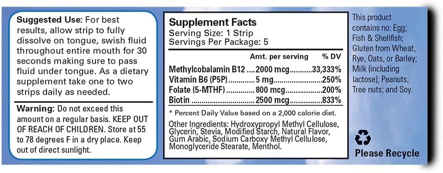 Tiras de vitamina B12  Suplemento energético con 2000 mcg de metilcobalamina, B6, folato y biotina  Apoya la salud nerviosa y cerebral, alivio del