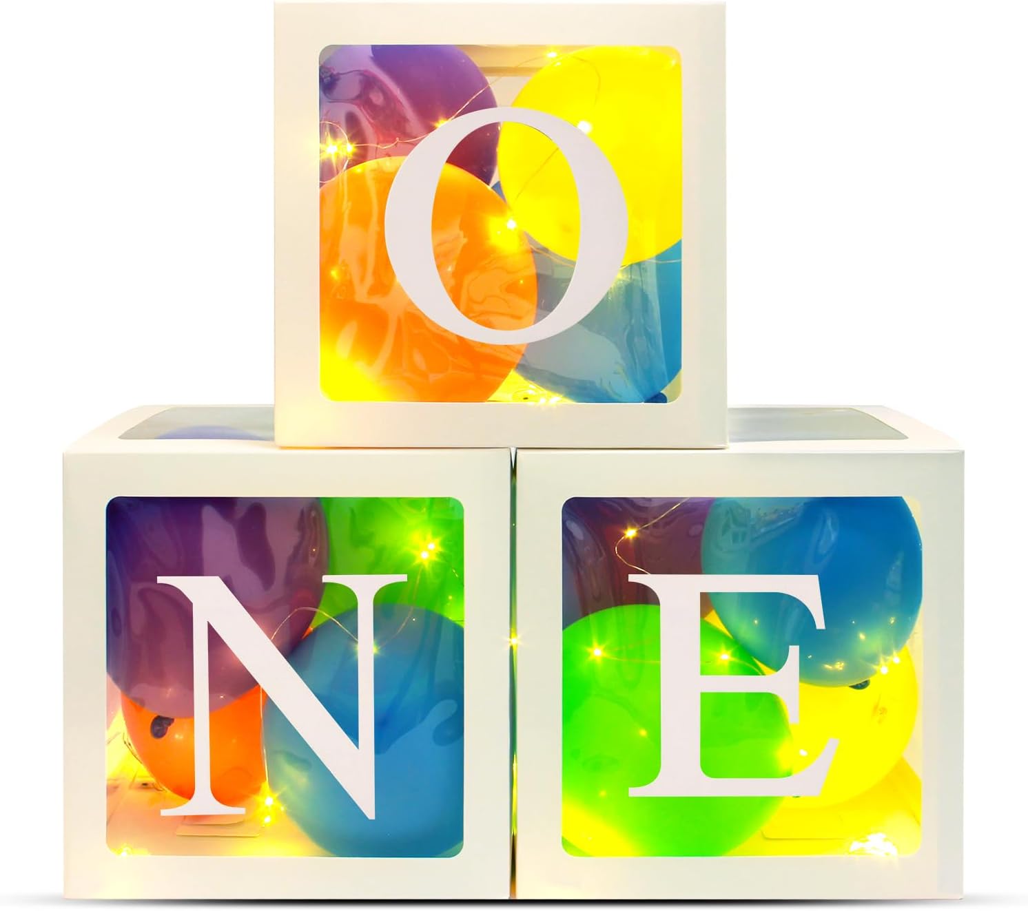 Cajas de globos de primer cumpleaños, cajas de globos con letras “O”N”E” con 3 tiras de 20 luces LED y 30 globos coloridos para fiestas de arcoíris,