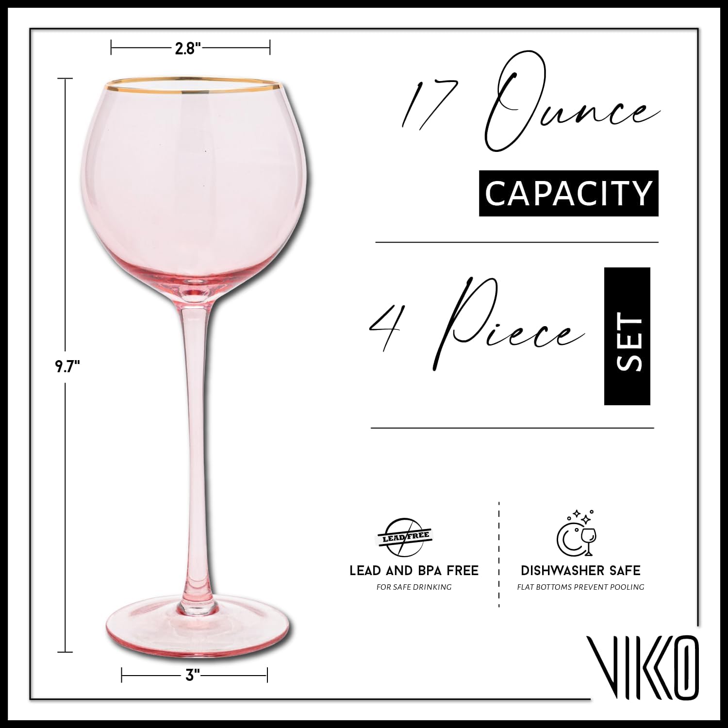 Vikko Copas de vino, copa de vino rosa de 17 onzas con borde dorado, juego de 4 copas de vino con tallo para vino tinto y blanco, copas de vino de