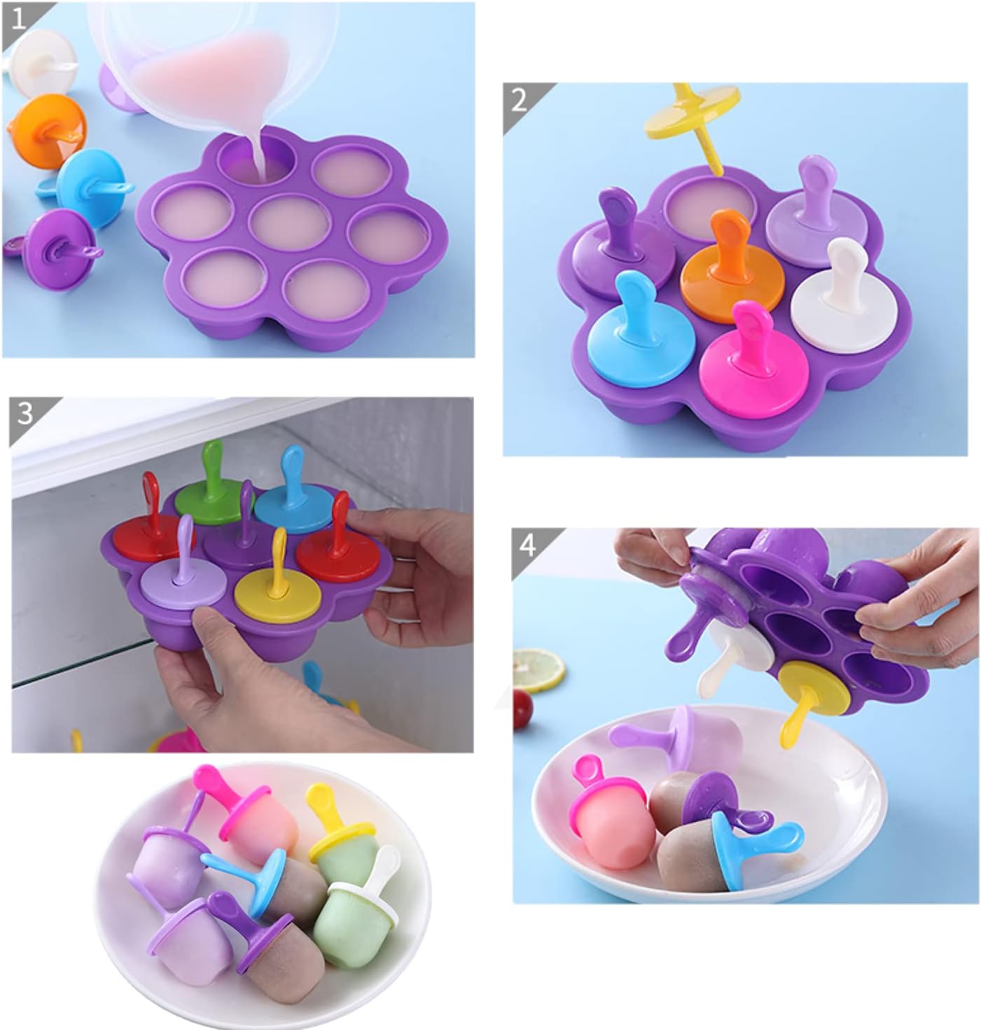 Moldes de silicona para paletas, mini molde para paletas de hielo de 7 cavidades con palos coloridos y protectores de goteo, contenedor de