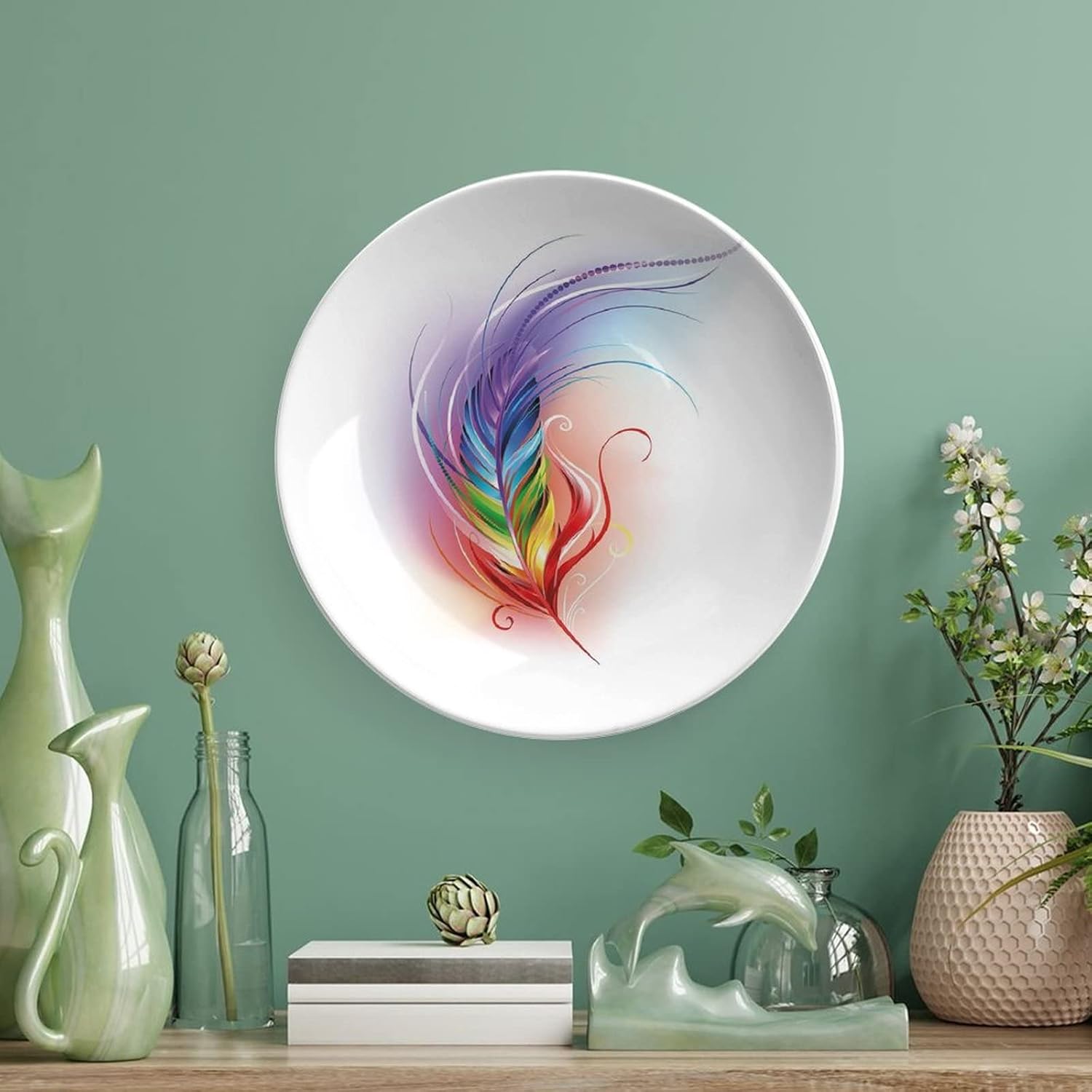 XISUNYA Plato decorativo de 6 pulgadas, plato de cerámica arcoíris, pluma de arco iris dibujada en arte impreso, placa de exhibición para cenas