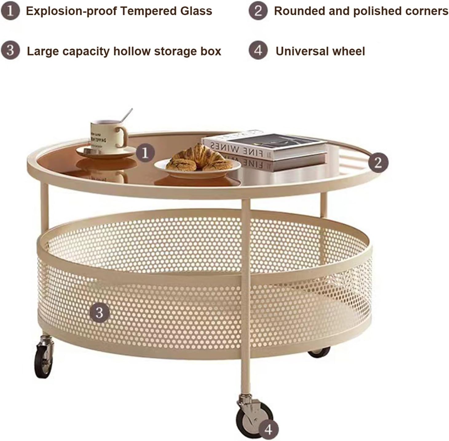 Mesa de centro de cristal con ruedas giratorias, mesa de té redonda de 2 niveles con cesta de almacenamiento hueca de hierro, moderna mesa central