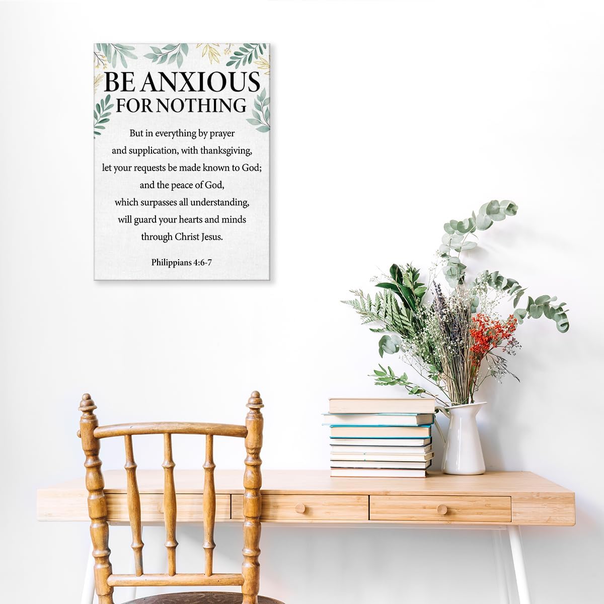 Póster de pared con versículo bíblico positivo con texto en inglés “Be Anxious for Nothing”, pintura enmarcada de Filipenses 46-7 para decoración