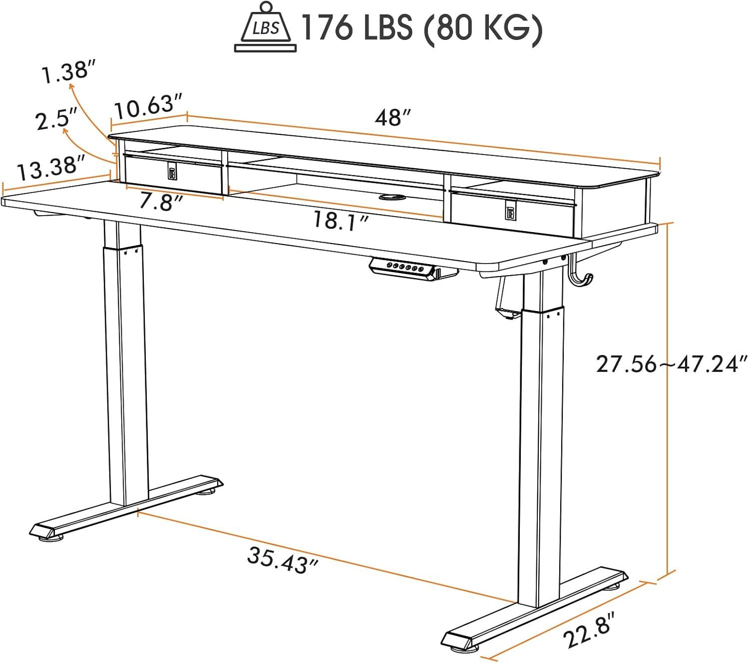 FEZIBO Escritorio eléctrico de pie con cajones dobles, soporte de monitor superior de vidrio de 48 x 24 pulgadas, escritorio ajustable con estante