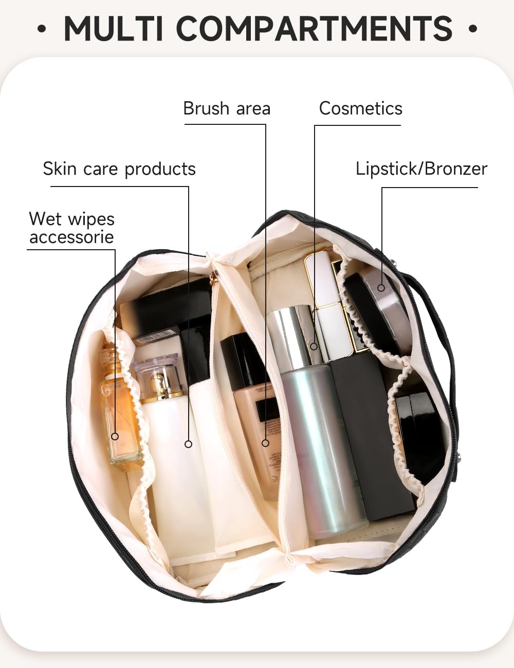 Bolsa de cosméticos de viaje de gran capacidad, bolsa de cosméticos plana para todo, bolsa de maquillaje grande para mujeres, bolsa portátil