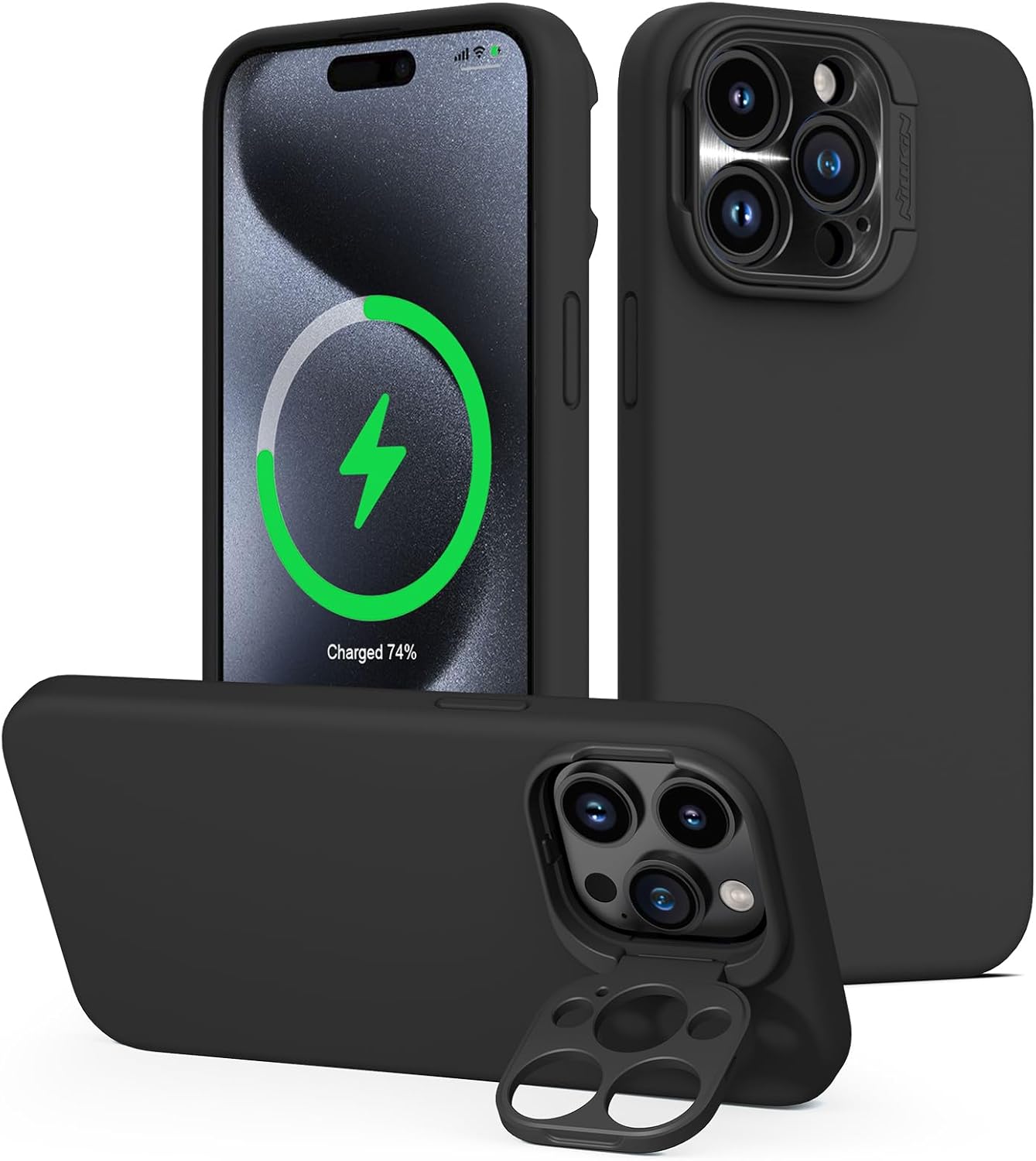 Nillkin CamShield – Funda para iPhone 15 Pro con soporte para cámara, funda de silicona líquida compatible con MagSafe, funda magnética sedosa para