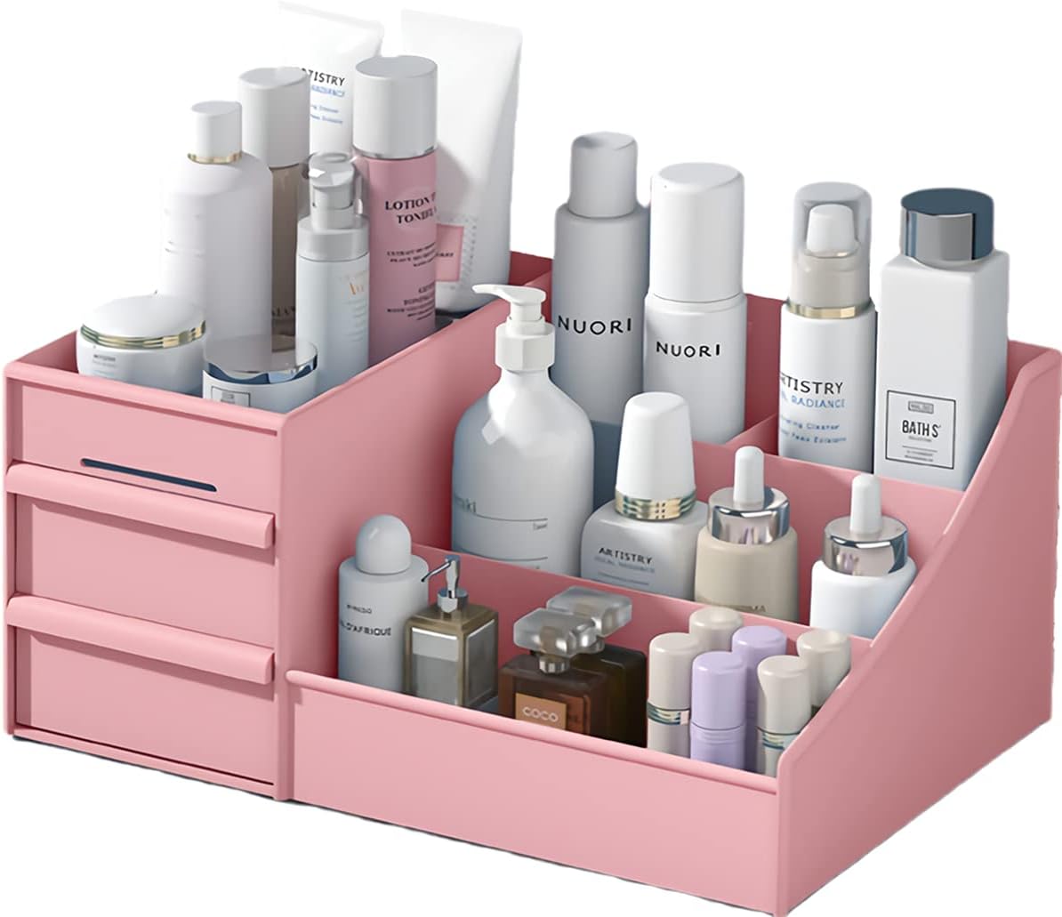Organizador de escritorio de maquillaje con cajones, organizador de encimera para cosméticos, soporte de tocador para lápiz labial, pinceles,