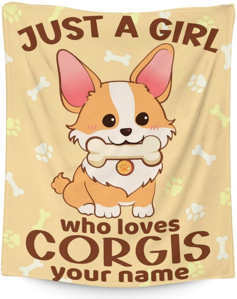 Manta de Corgi personalizada con nombre, 60 x 50 pulgadas, bonita manta para niños y niñas, mantas amarillas suaves y peludas para cama, sofá y