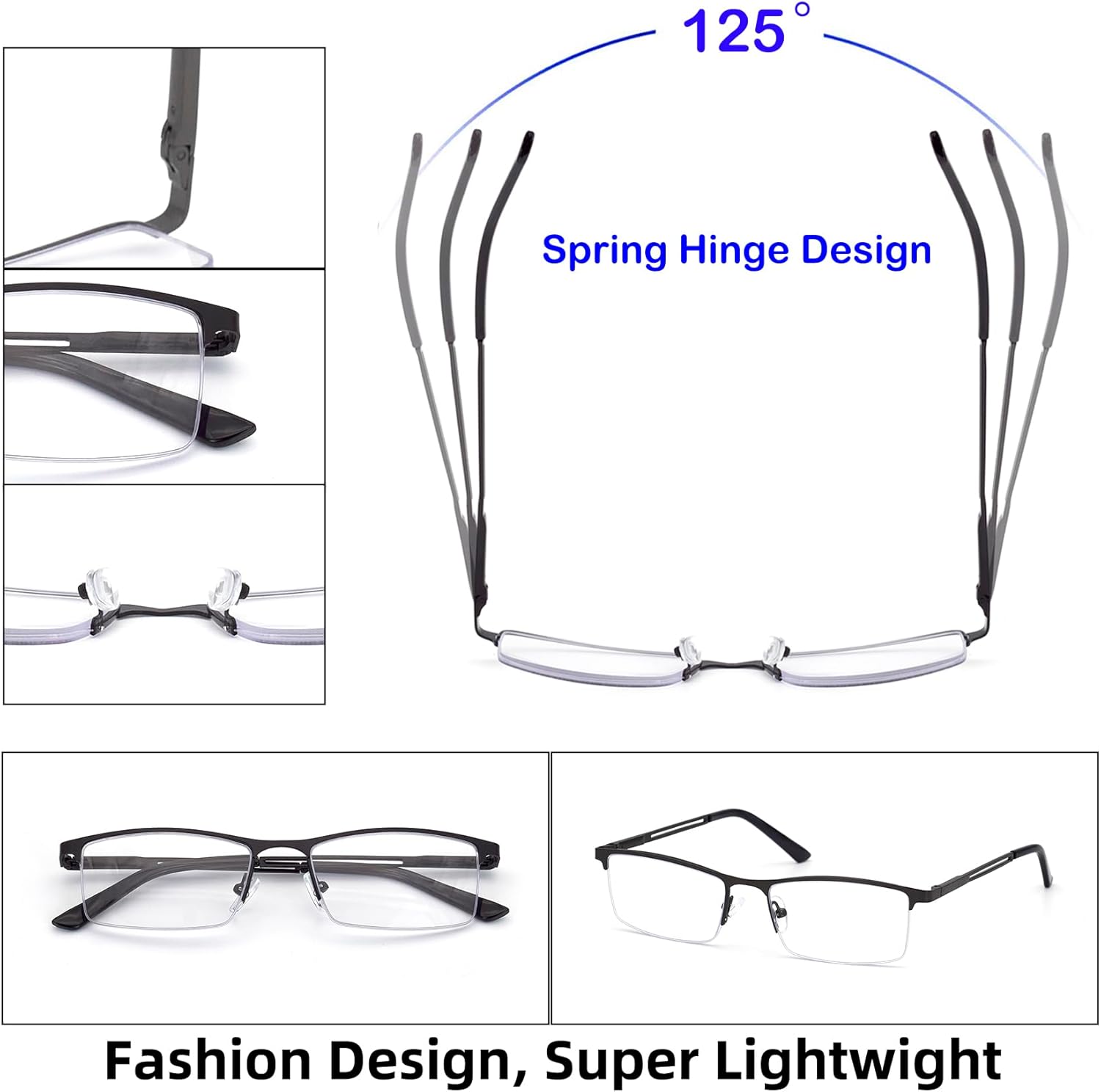 Gafas de lectura con luz azul para hombre, lentes de lectura de medio marco de metal, bisagra de resorte, lentes transparentes con bolsas