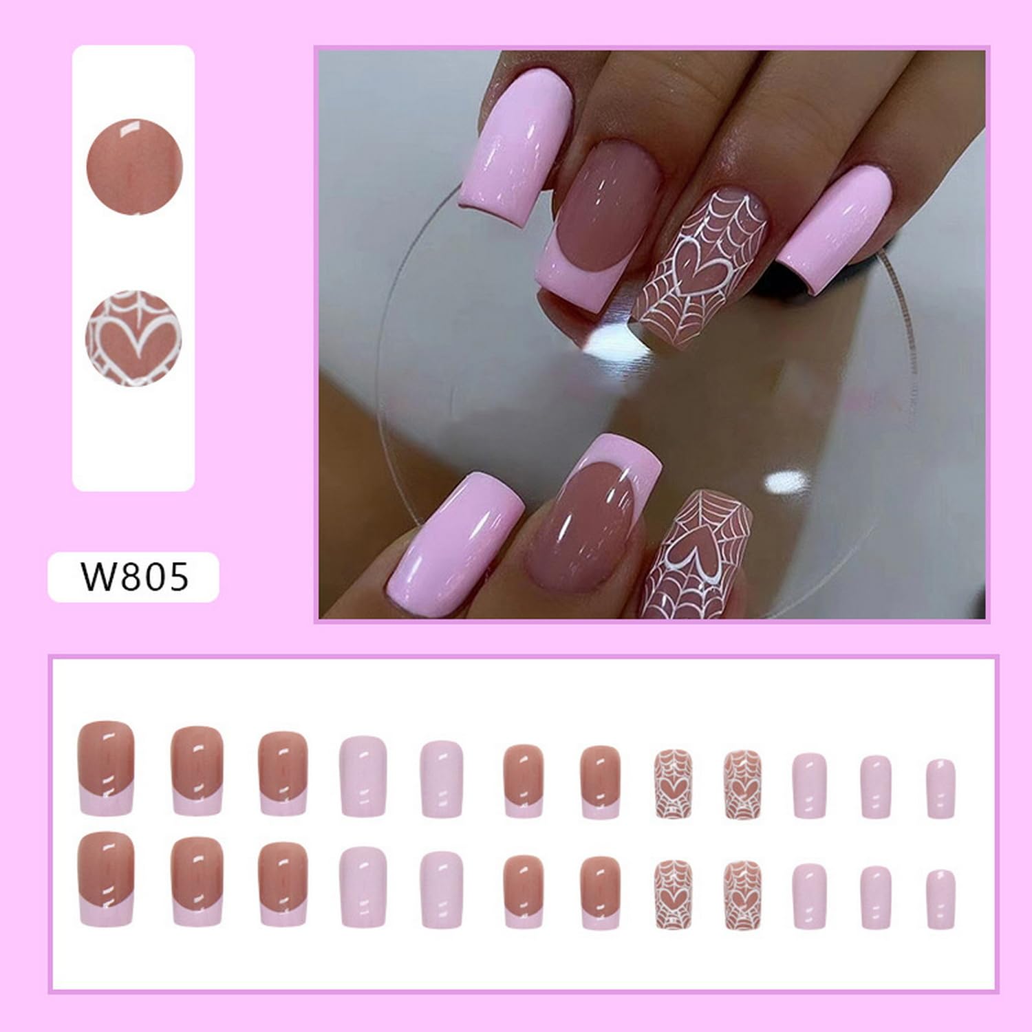 Uñas postizas a presión de Halloween, cuadradas, medianas, uñas postizas acrílicas de punta francesa rosa con diseños de telaraña de corazón, uñas