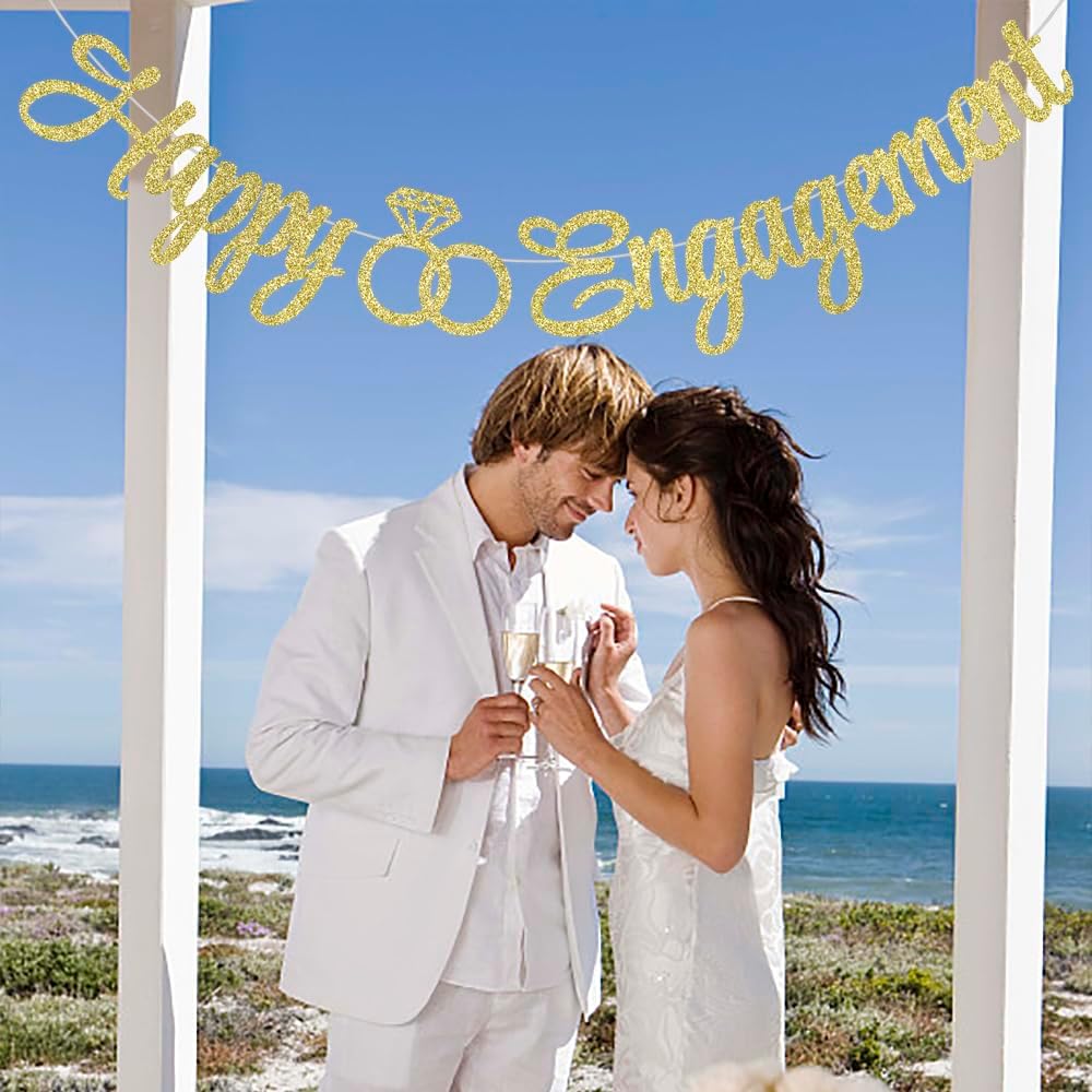 Palasasa Cartel de compromiso con texto en inglés Happy Engagement Banner  Cartel dorado con purpurina para decoración de fiesta de compromiso,