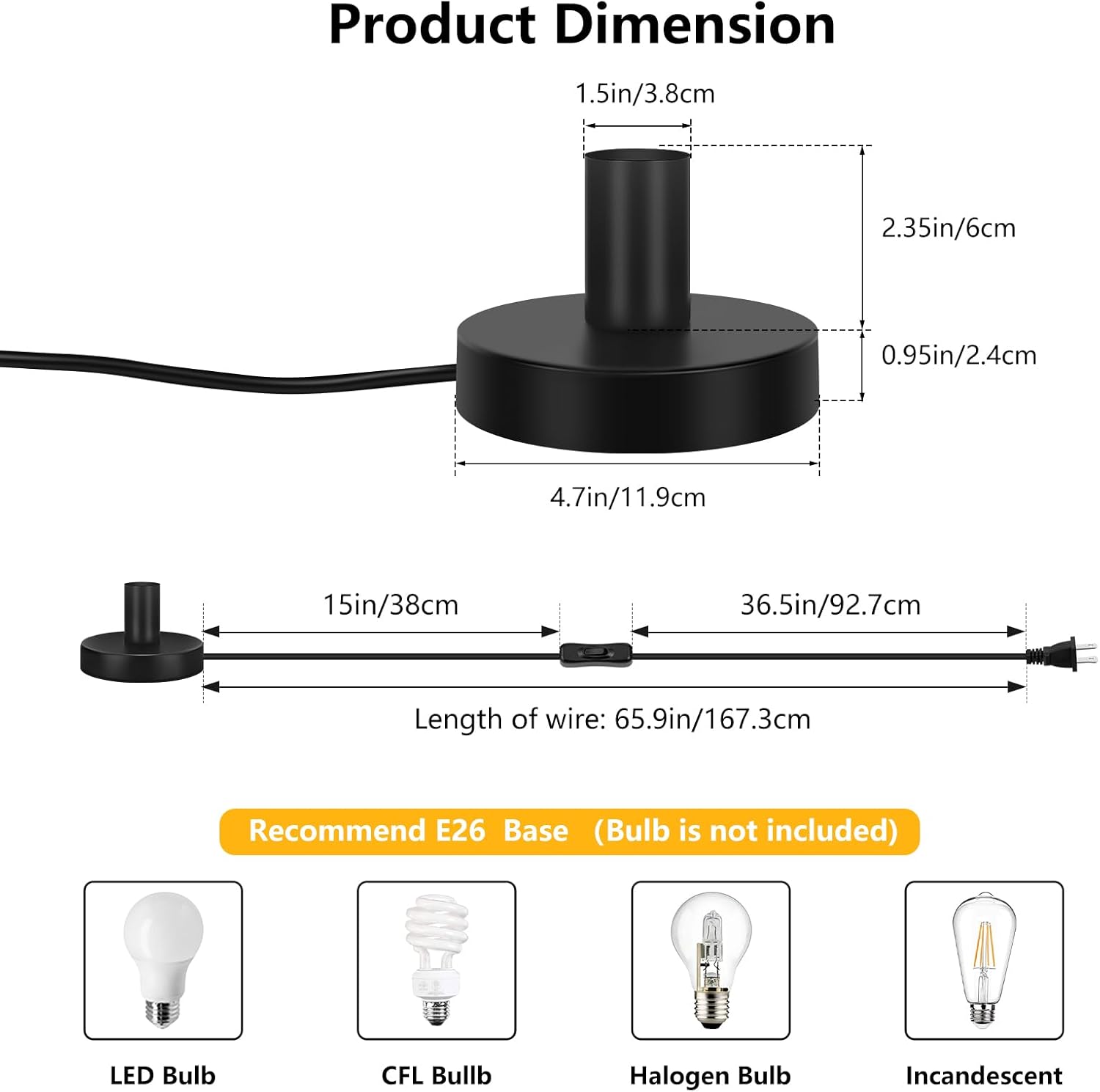 Licperron Base de lámpara de mesa, E26 E27, mini luz negra de escritorio sin sombra, soporte pequeño de metal corto Edison bombilla base de bombilla