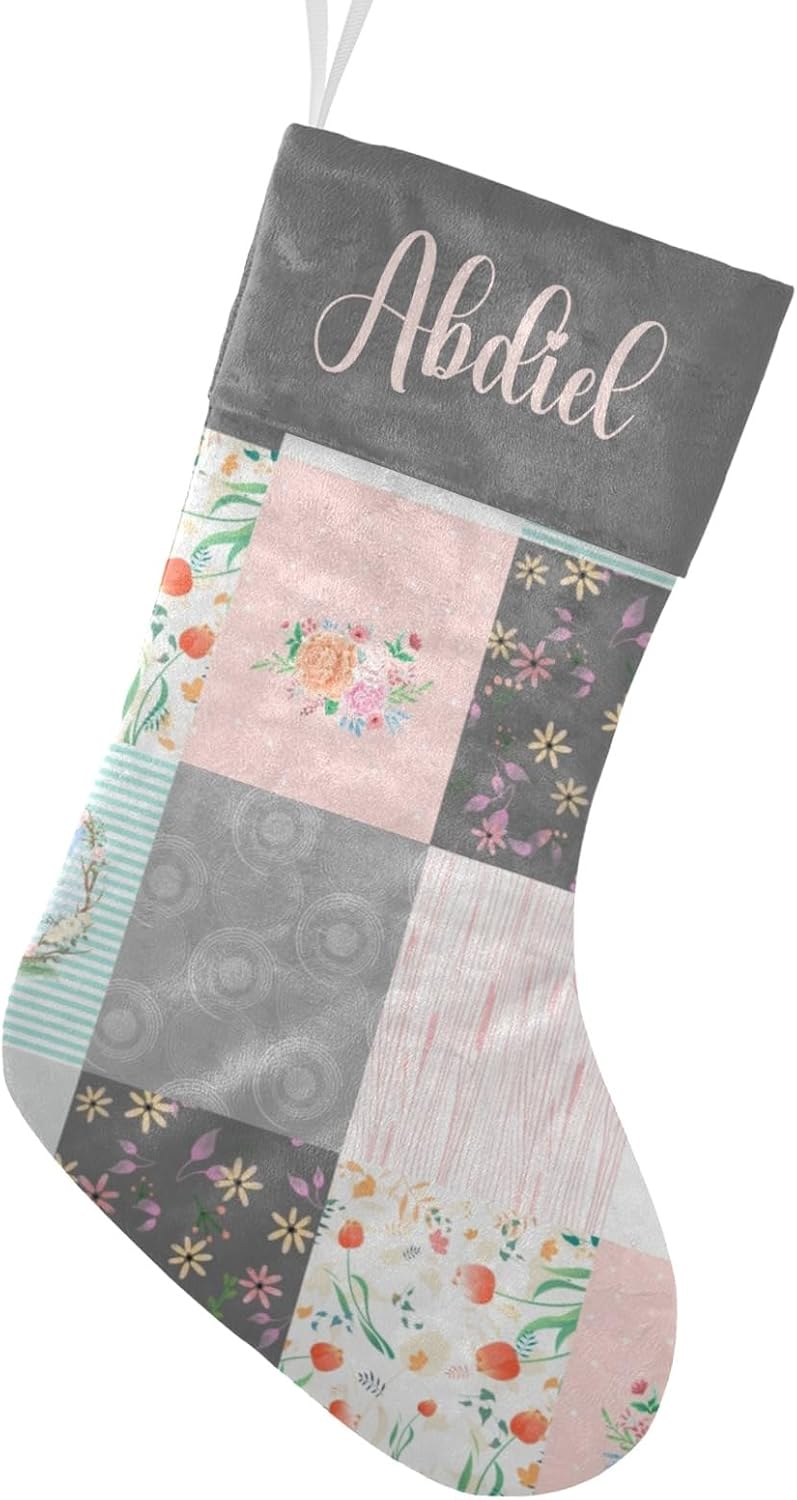 SunFancy Calcetines de Navidad personalizados, diseño de elefante, flores y zorros, calcetines de Navidad personalizados para niños y niñas,