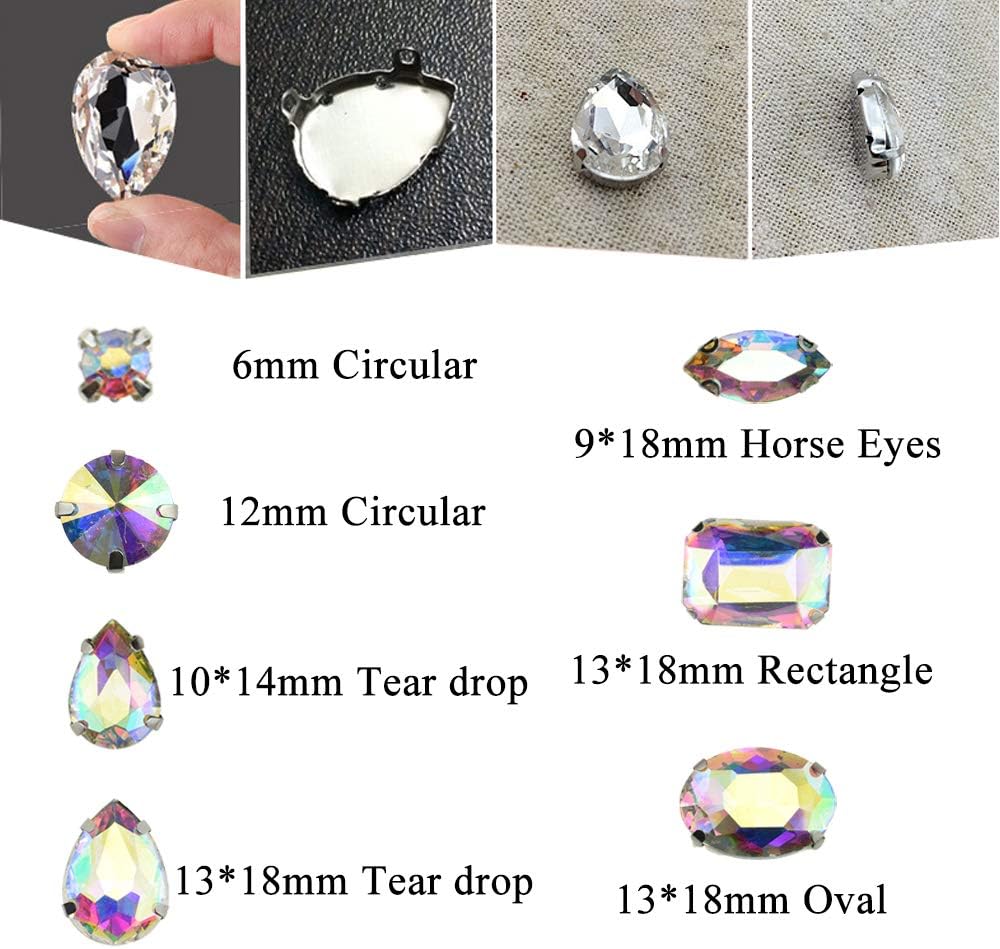 Hahiyo Base de garras de diamantes de imitación para coser, vidrio transparente, formas mixtas, gemas de cristal, ajuste de puntas traseras de