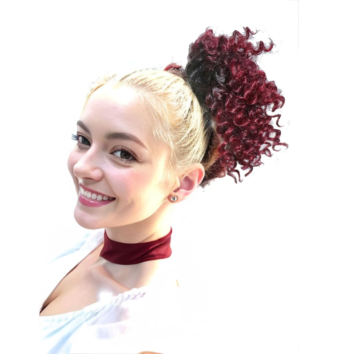 Extensiones de cabello sintético corto afro con cordón para cola de caballo con dos clips (1BBurg)