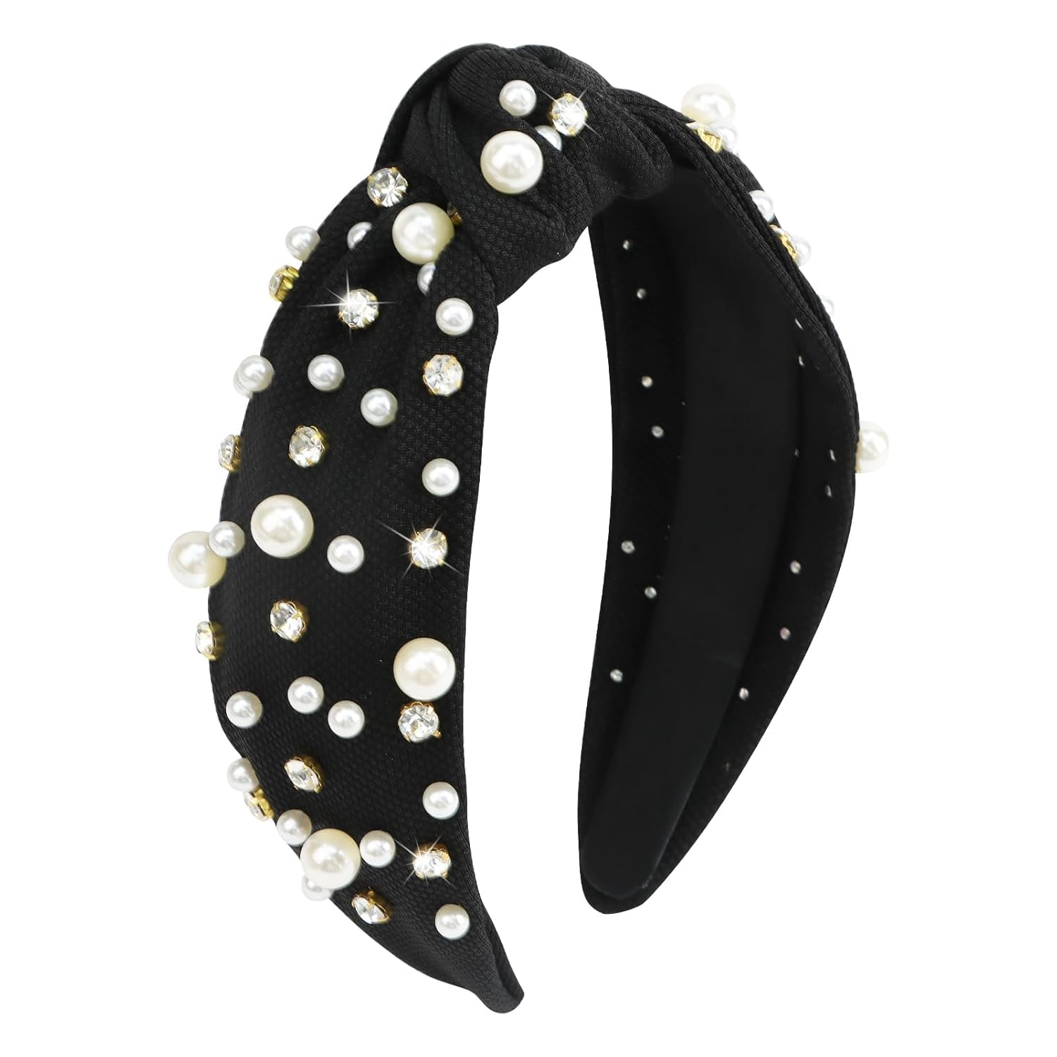 Diademas de perlas para niñas, diademas de diamantes de imitación para mujer, diadema ancha anudada para mujer, diadema negra con cuentas,